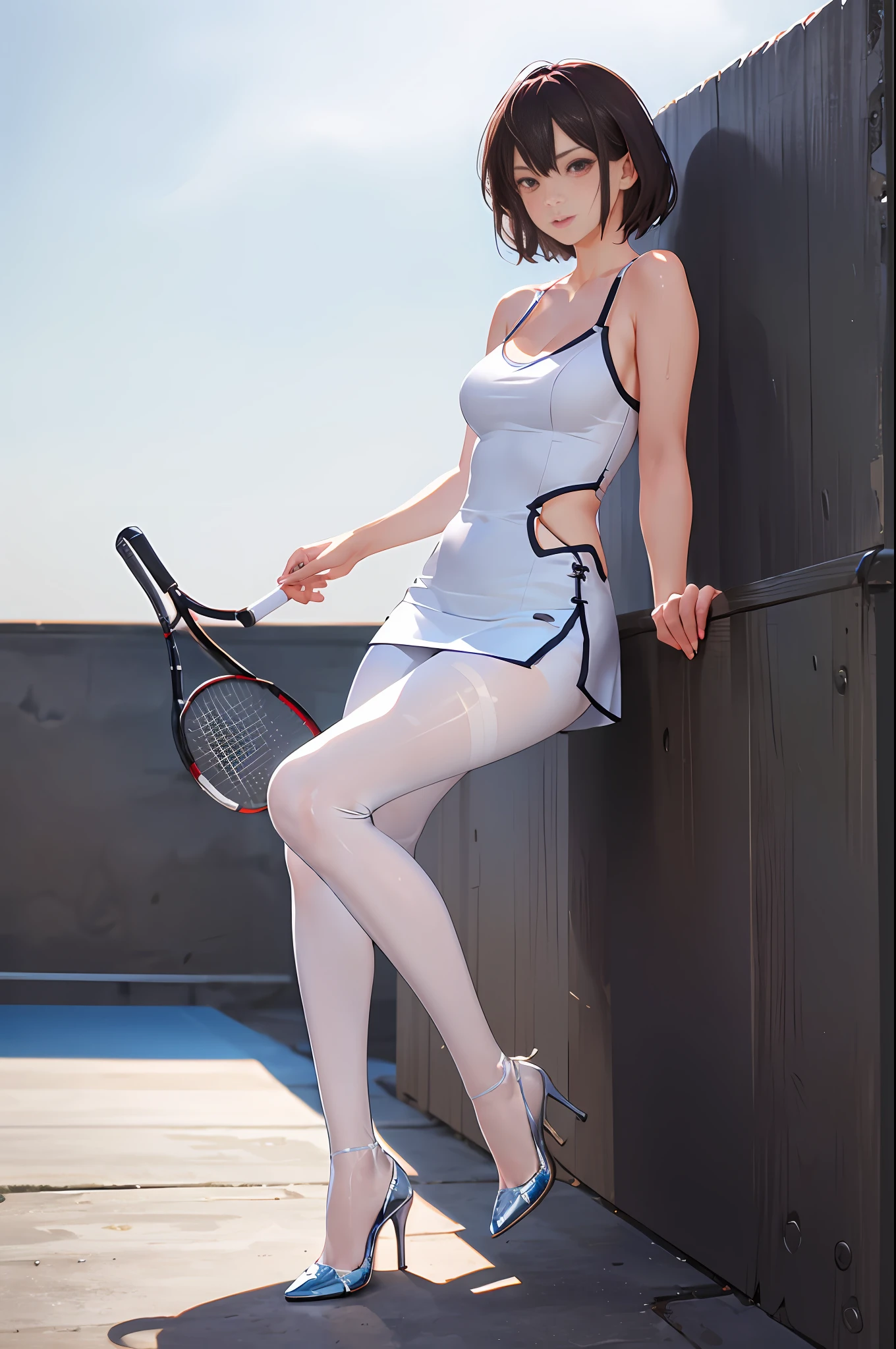 1girl, solo, full body portrait, white camisole vest, high heels, tennis wear, pantyhose, masterpiece, best quality, realistic, super detailed, (shiny skin, sweating: 1.4), looking at the audience, light blue short hair, red eyes, slender, dynamic light and shadow, high resolution, sharp focus, depth of field, fine eyes, pupil sharp, pupil realistic, (C cup: 1.2), (skin white: 2.0), (long legs: 1.8), (clothes transparent: 1.5), outdoor, sky