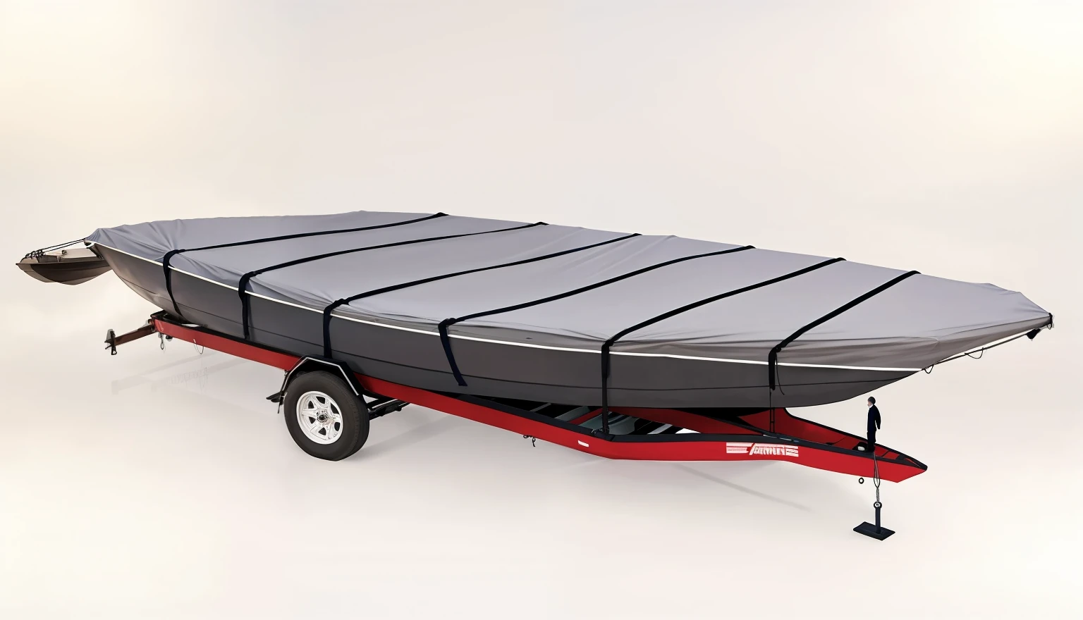 I need a gray boat cover mounted on top of jon boat, Square-headed ship shape, low, no superstructure, boat at the dock, white background,The top is flat and does not protrude.with 6PCS wedding strps to set the boat cover.