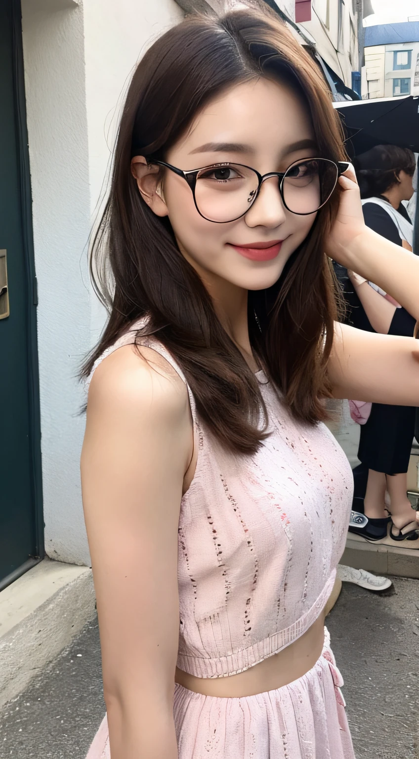 ((Best Quality, 8K, Masterpiece: 1.3)), 1 Girl, Slim Abs Beauty: 1.3, (Hairstyle Casual, Small: 1.2), Dress: 1.1, Super Slender Face, Delicate Eyes, Double Eyelids, Smile, Street, Glasses