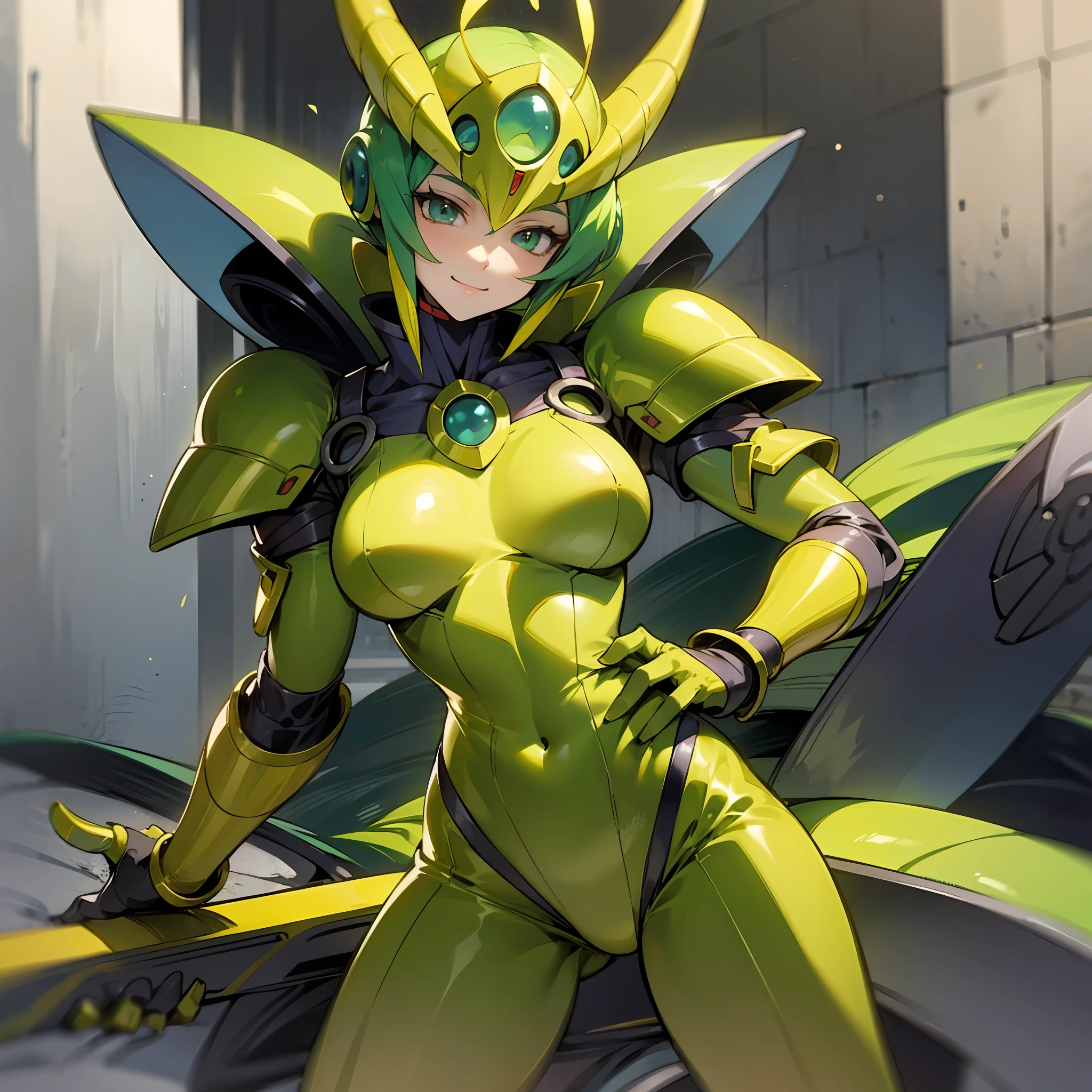 Cartoon pictures of women in green and yellow costumes, hot insect humanoid women, Guyver style, bad smile, scarabele ploids, bellows tail, cel shade adult animation, alien queen,