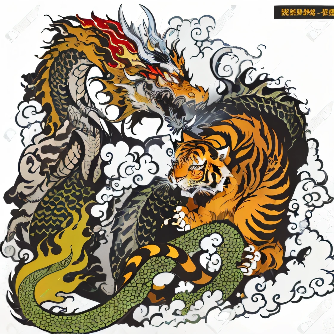 Two dragons and tigers fighting on a cloud of one dragon, Chinese dragon fighting, majestic Japanese dragon, Chinese dragon, tiger_beast, concept art of Chinese dragon, traditional Chinese art, ancient Chinese art style, flame dragon snake, highly detailed vector art, Chinese dragon carving, detailed artwork, Chinese brush illustration, highly detailed illustration.
龍と虎の対決