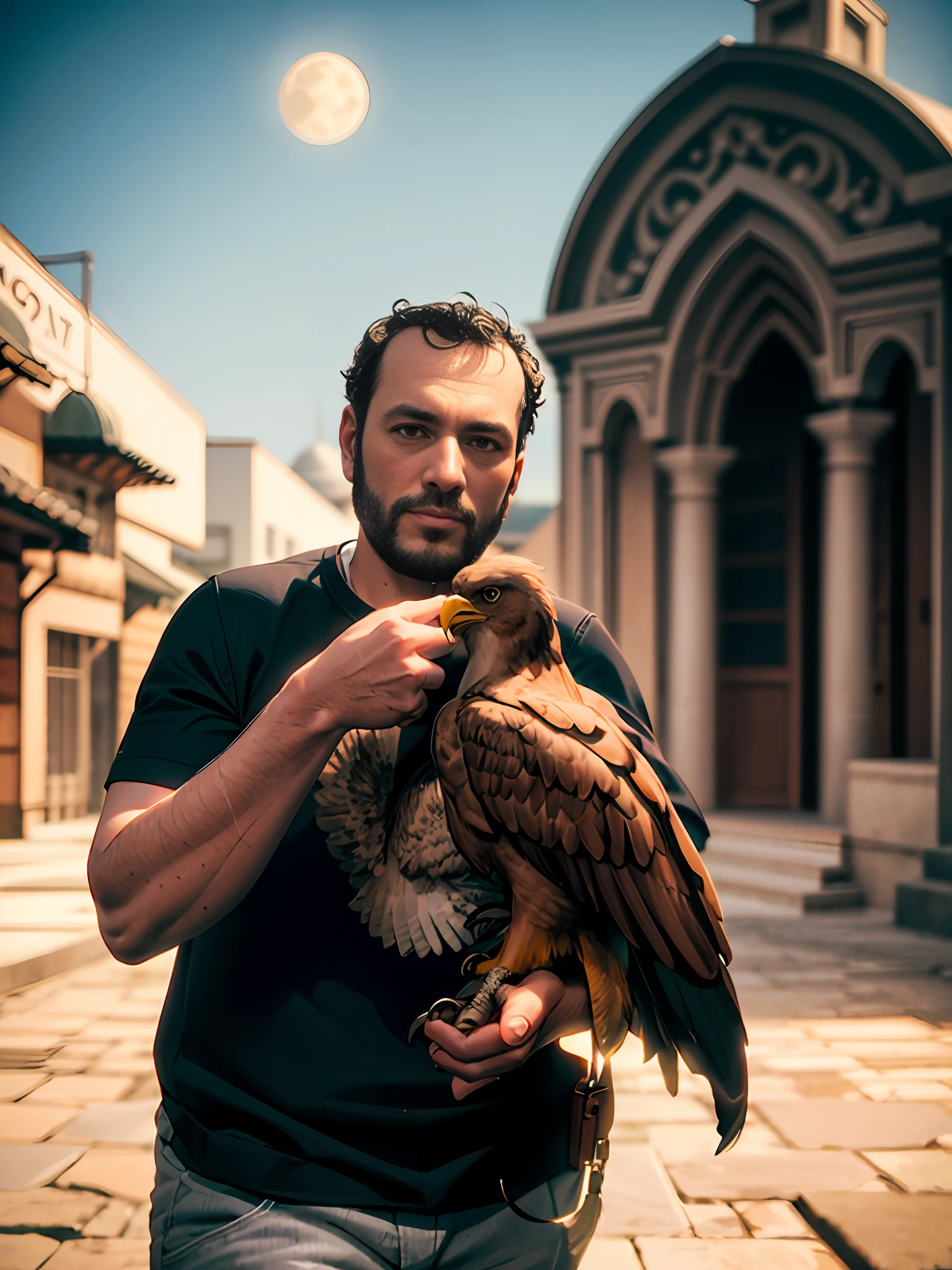 man with his brown eagle on hih left hand, a knight, in dessert, in front of village and masjid and, ultra bright, daylight, day time, sun rays, realistic scene, bright daylight, charming details, full scene, fussy, particular, firefly, max quality, 3d, blender scene, ultra reflective, volumetric elements, moon rising, 2.5D, pixar environment, polygon style, aesthetic, village, mosque, studio ghibli style, intense soft colors, high vibrant, high contrast, micro details, macro details style, infinite zoom, max contrast, max poly, polychrome, ornamented, realistic digital art,