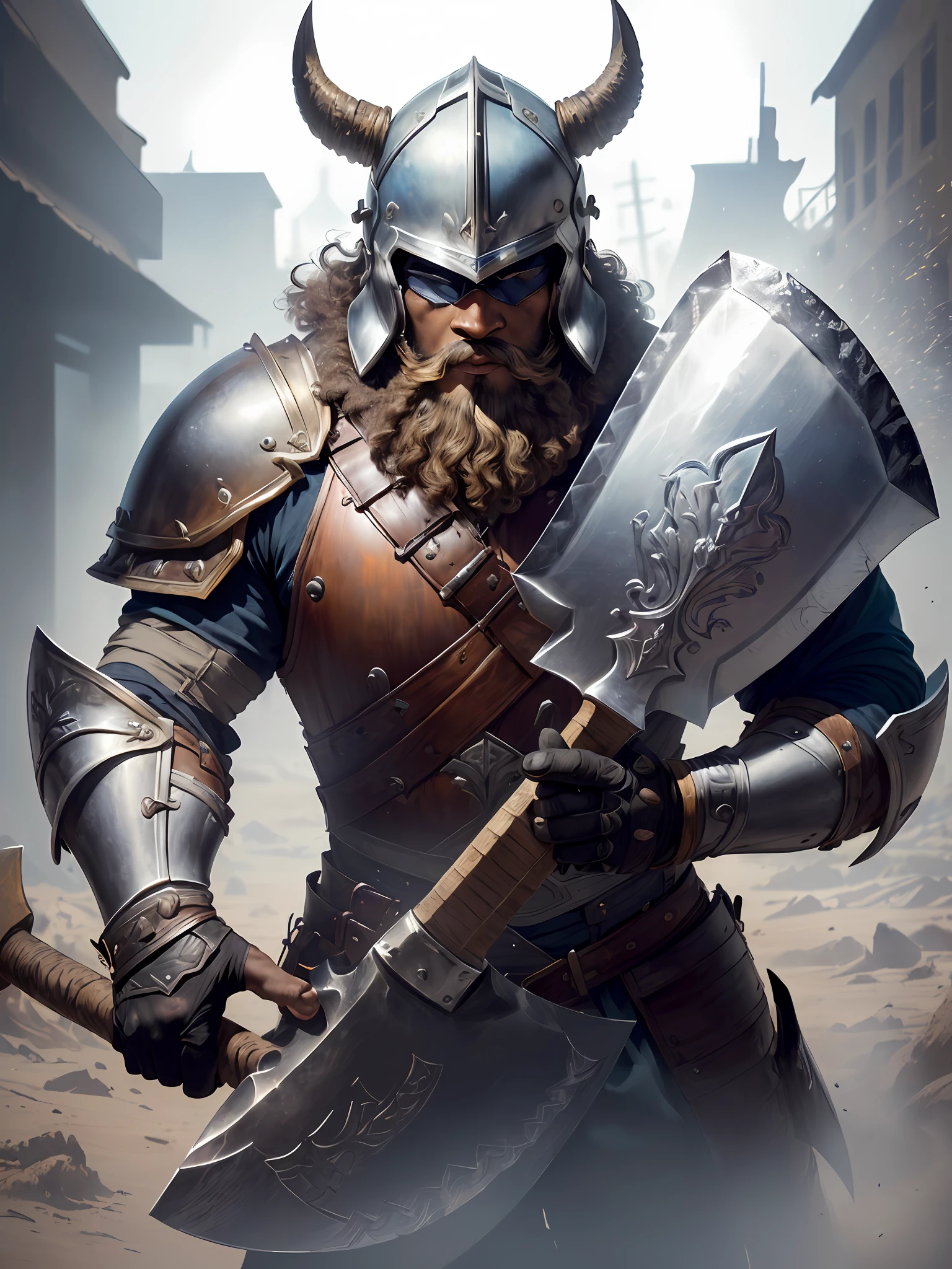 1 Man ((African)) warrior ((medieval))(beard on the battlefield, wearing armor, muscular (((helmet Detailed)) ((large Axe in hand detailed))the face detailed,(shielddetailed) as shadow drop, halftone, vanishing point, diffraction peaks, f/1.8, Nikon, high detail, UHD, masterpiece, best quality, highres, 32k