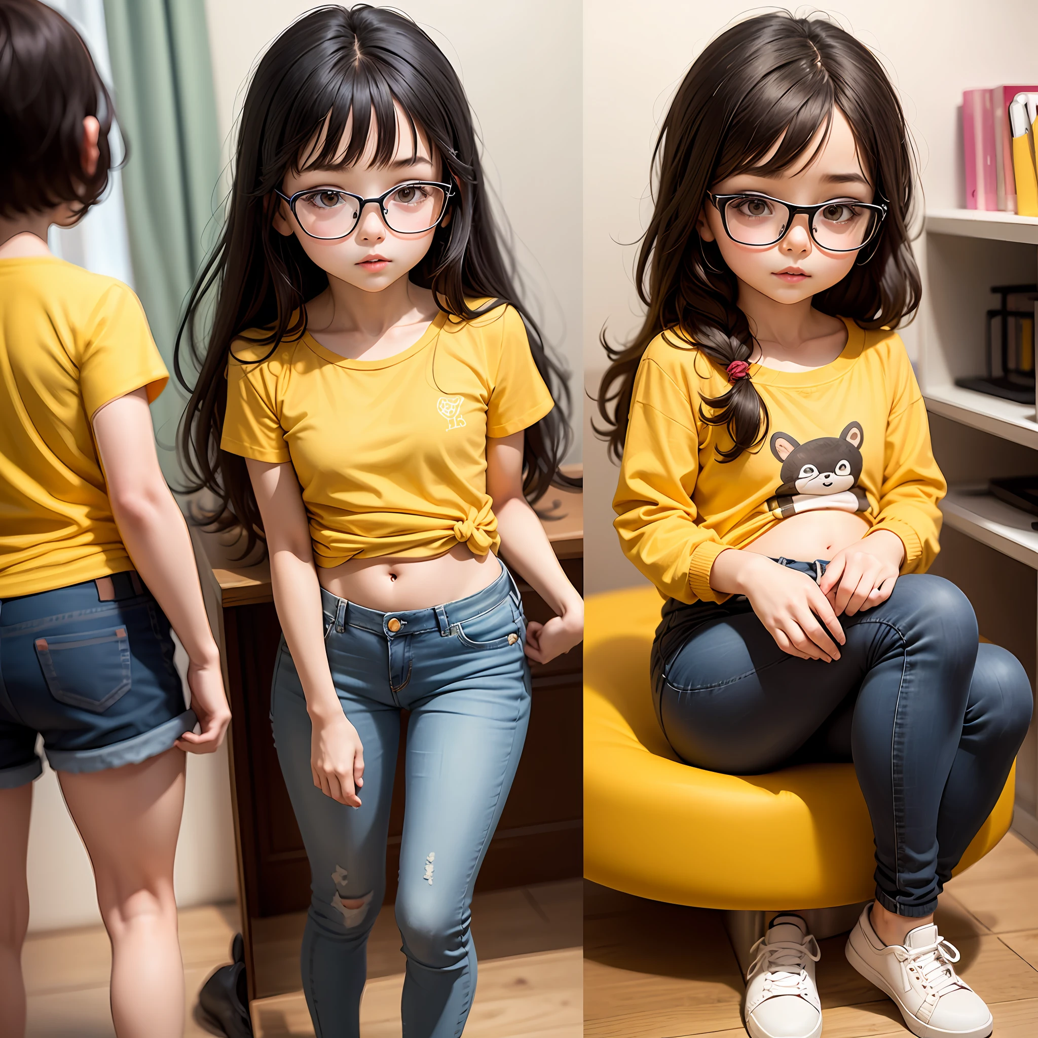 Brunette girl, children's drawing book style, cute, long black hair, yellow shirt showing belly, jeans, red sneakers, prescription glasses --auto