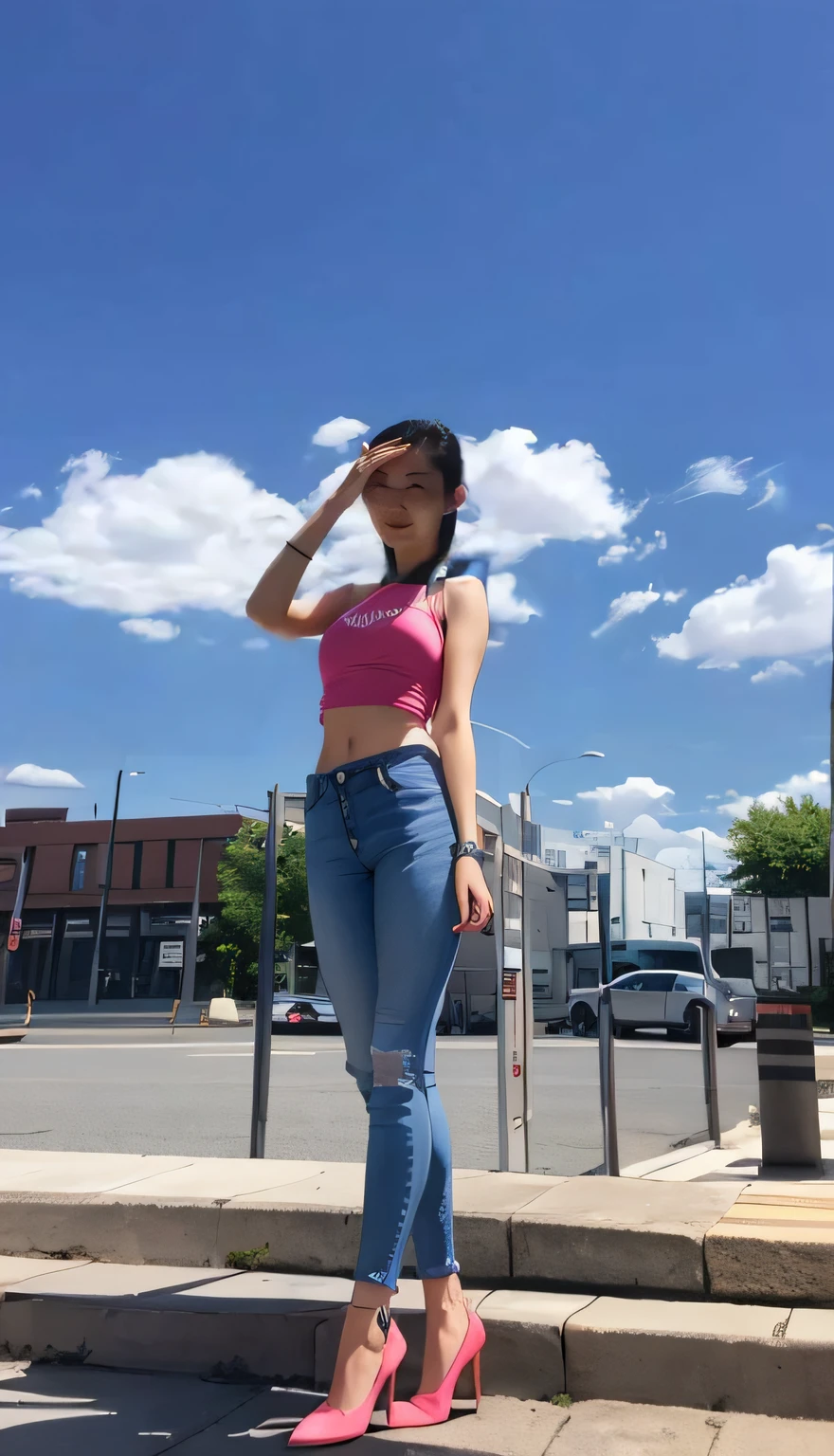 Sleeveless skinny T-shirt, low-rise high-end skinny jeans, pink heels