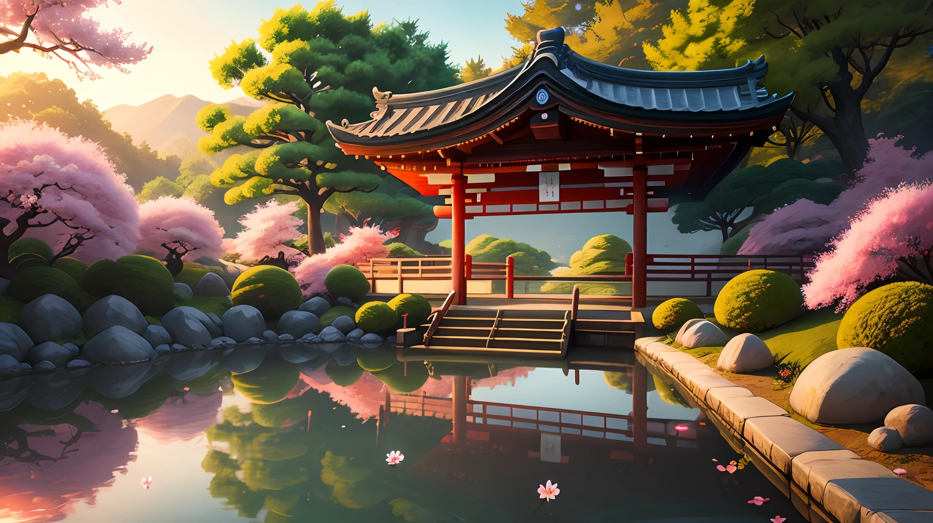 (digital painting),(best quality), serene Japanese garden, cherry blossoms in full bloom, koi pond, footbridge, pagoda, Ukiyo-e art style, Hokusai inspiration, Deviant Art popular, 8k ultra-realistic, pastel color scheme, soft lighting, golden hour, tranquil atmosphere, landscape orientation
