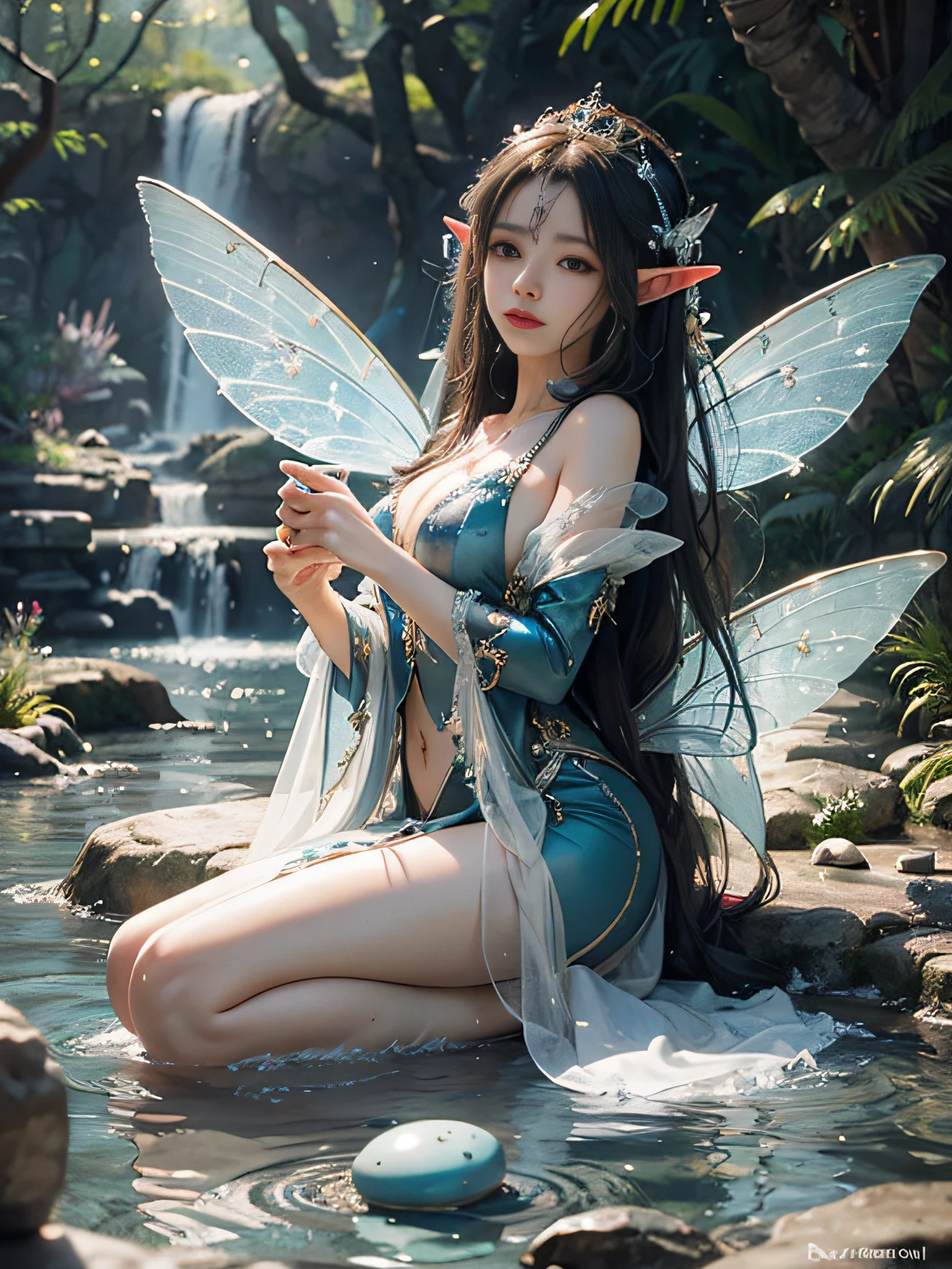 Faltain, Best Quality, Lighting, Mermaid, Sea, Stone Pill, Elf, Mussel Pearl in Hand, Fairy Costume, Water Fairy, Close-up Fantasy & Water Magic, Ethereal Fantasy, Fairy Tale Aesthetics, Astral Fairy, Beautiful and Elegant Elf Queen, Ethereal Fairy Tale, Beautiful Ancient Frost Witch, Fantasy Aesthetics! , fairy tale core, anime cosplay, ethereal beauty, fantasy art style, anime girl cosplay, ethereal fantasy, beautiful fairy