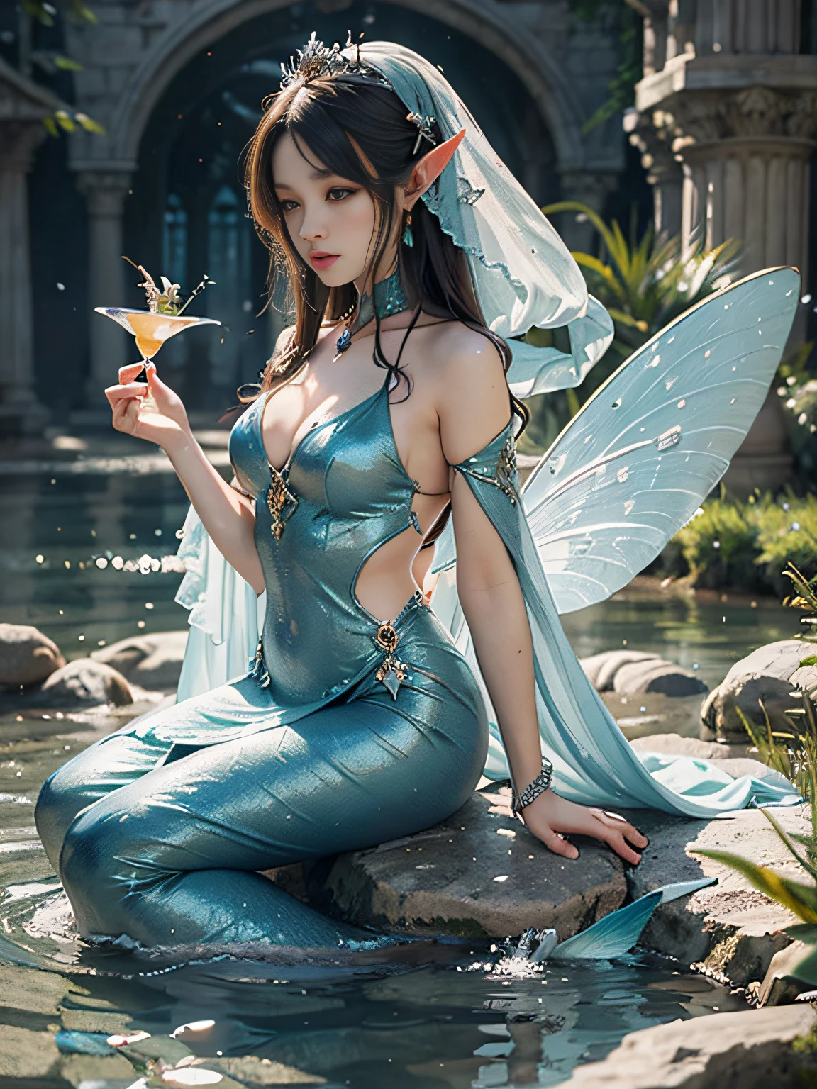 Faltain, Best Quality, Lighting, Mermaid, Sea, Stone Pill, Elf, Mussel Pearl in Hand, Fairy Costume, Water Fairy, Close-up Fantasy & Water Magic, Ethereal Fantasy, Fairy Tale Aesthetics, Astral Fairy, Beautiful and Elegant Elf Queen, Ethereal Fairy Tale, Beautiful Ancient Frost Witch, Fantasy Aesthetics! , fairy tale core, anime cosplay, ethereal beauty, fantasy art style, anime girl cosplay, ethereal fantasy, beautiful fairy