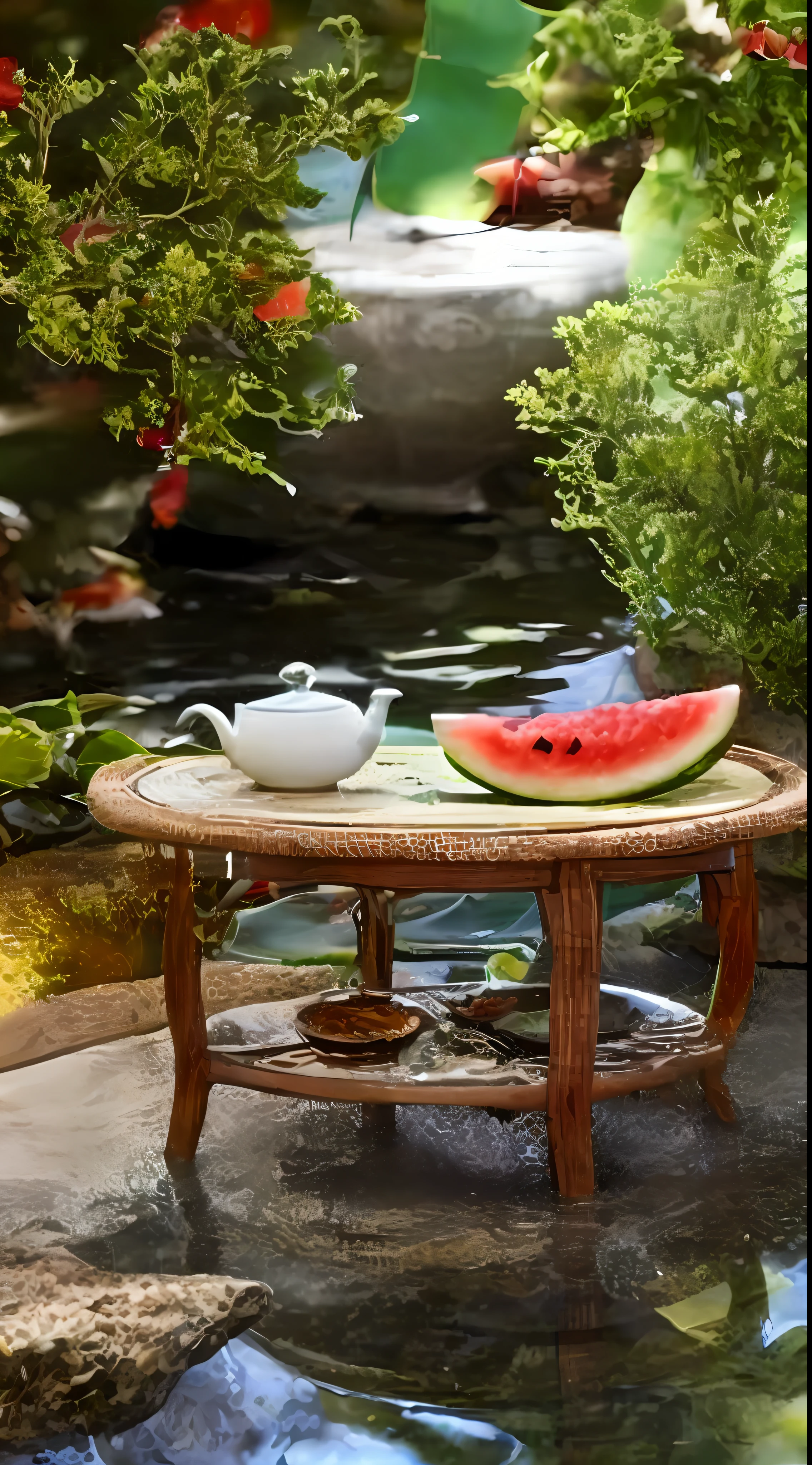 In the afternoon, a table is placed with watermelons, teapots, teacups, lens halos, and a small fish pond on the side