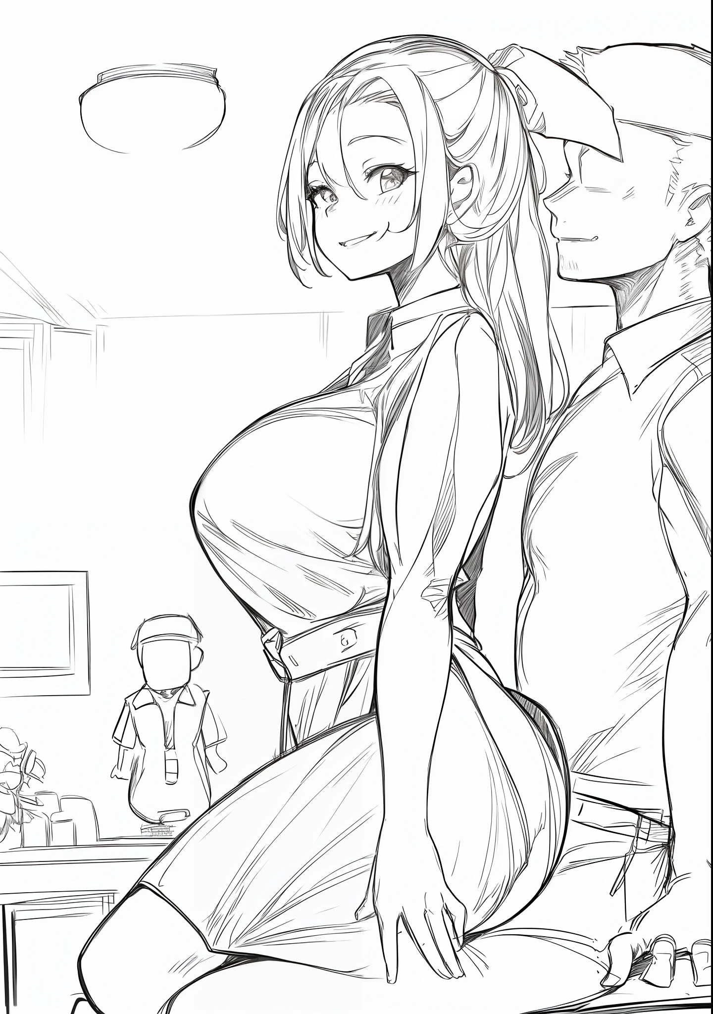 a drawing of a woman sitting on a bed with a man standing behind her, (sfw) safe for work, thick lineart, oppai proportions, thick outlines, thick black lineart, realistic proportions sfw, teasing smile, heavy outlines, casual pose, thick line art, arm around her neck, oppai, thick outline, detailed but rough, realistic proportions!!