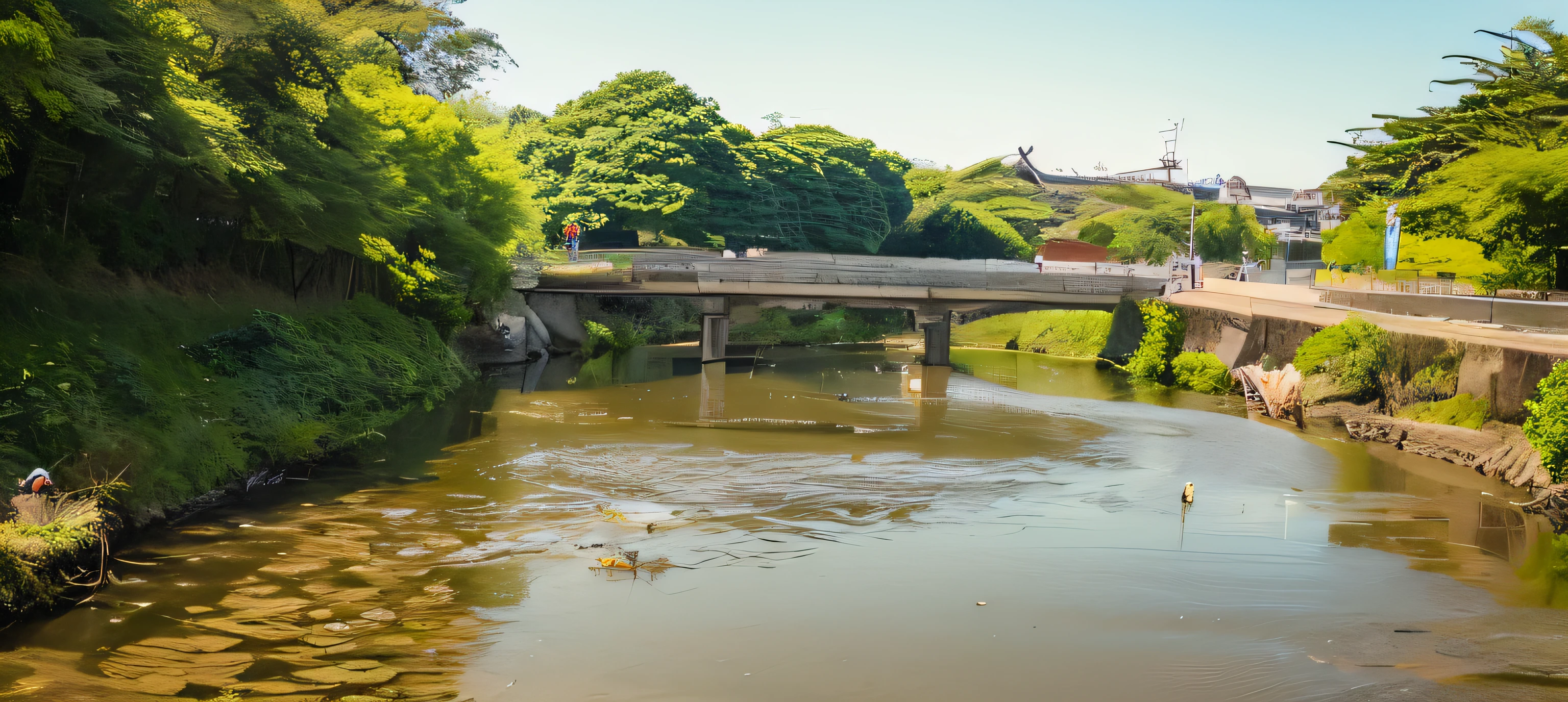there is a small river running through a park with a bridge, moat, bridge over the water, beautiful iwakura, old bridge, the imperial palace, by Sengai, canal, reflection, river with low flying parrots, river with low hanging plants, the photo was taken from afar, stone bridge, historical setting, iwakura, reflective water