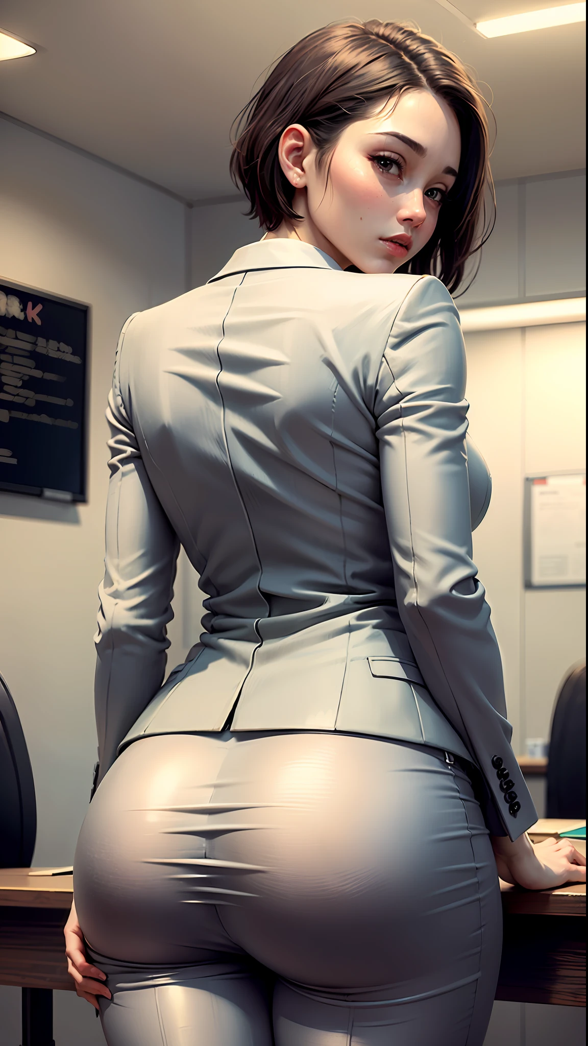 (Best quality, 8k, 32k, Masterpiece, UHD:1.2), 1girl, beautiy Japanese woman, narrow waist, grey suit, open jacket, office lady, suit, pants, from behind, office room, desk, (stick out one's buttocks:1.2), detailed face, short hair,