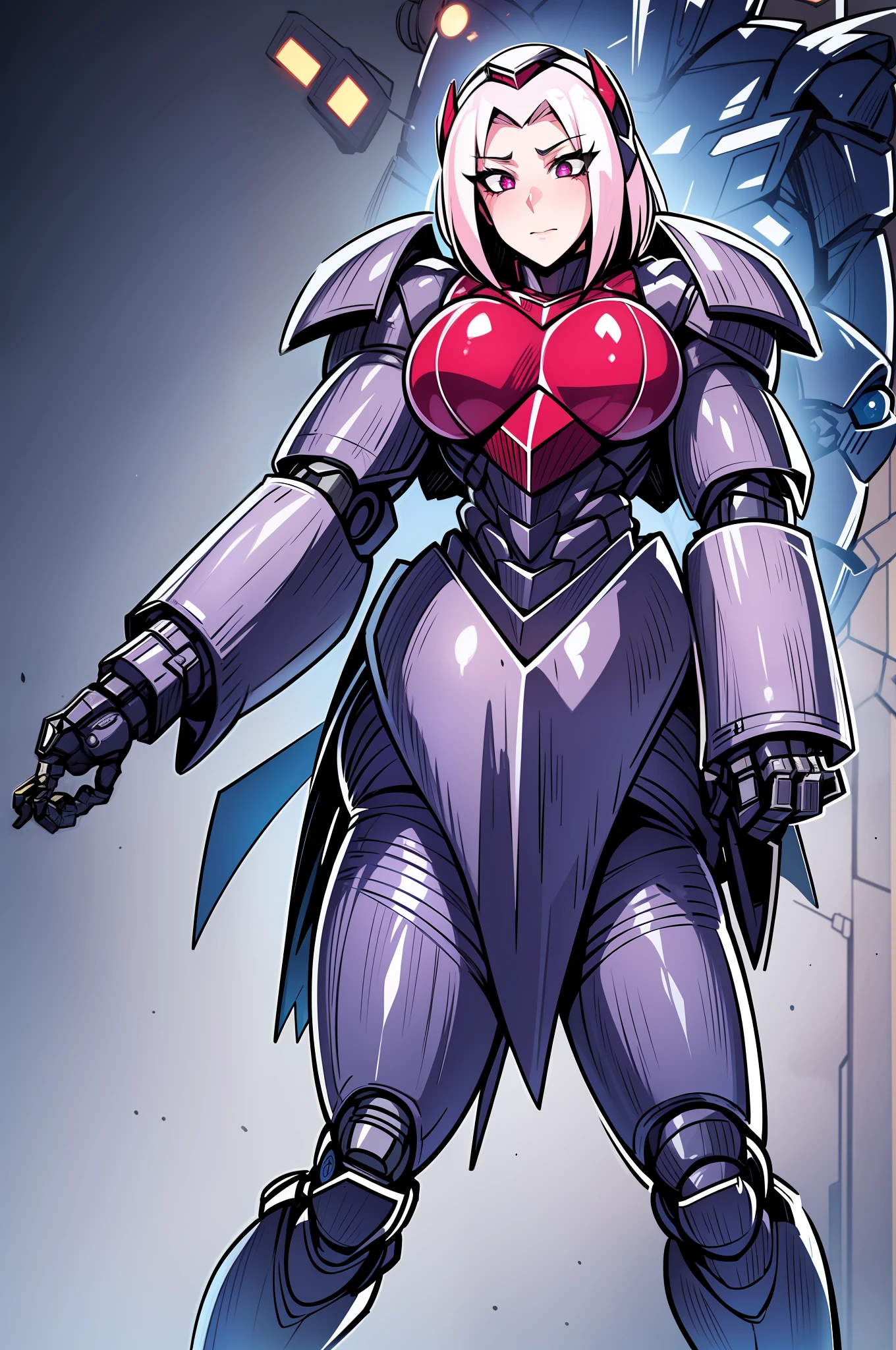 Girl fully-enveloped by cyber armor, encased from head-to-toe in heavy thick cybernetic armor, heavy armor, heavy mechsuit armor, plugsuit encased in armor, mechsuit armor, female eyes visible from visor, face from helmet looking at camera, human female eyes within mask with shock