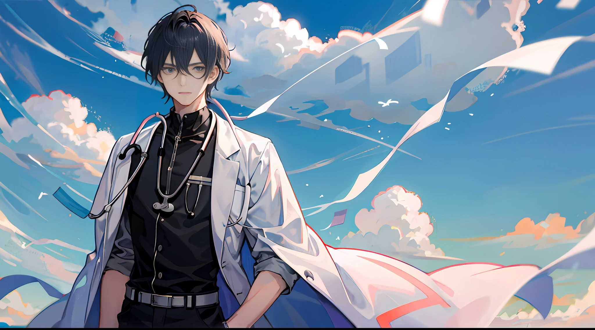 1boy, anime male doctor, wearing a doctor's white coat, stethoscope, consultation, ultra HD, ultra-high resolution, bust photo, front view, front