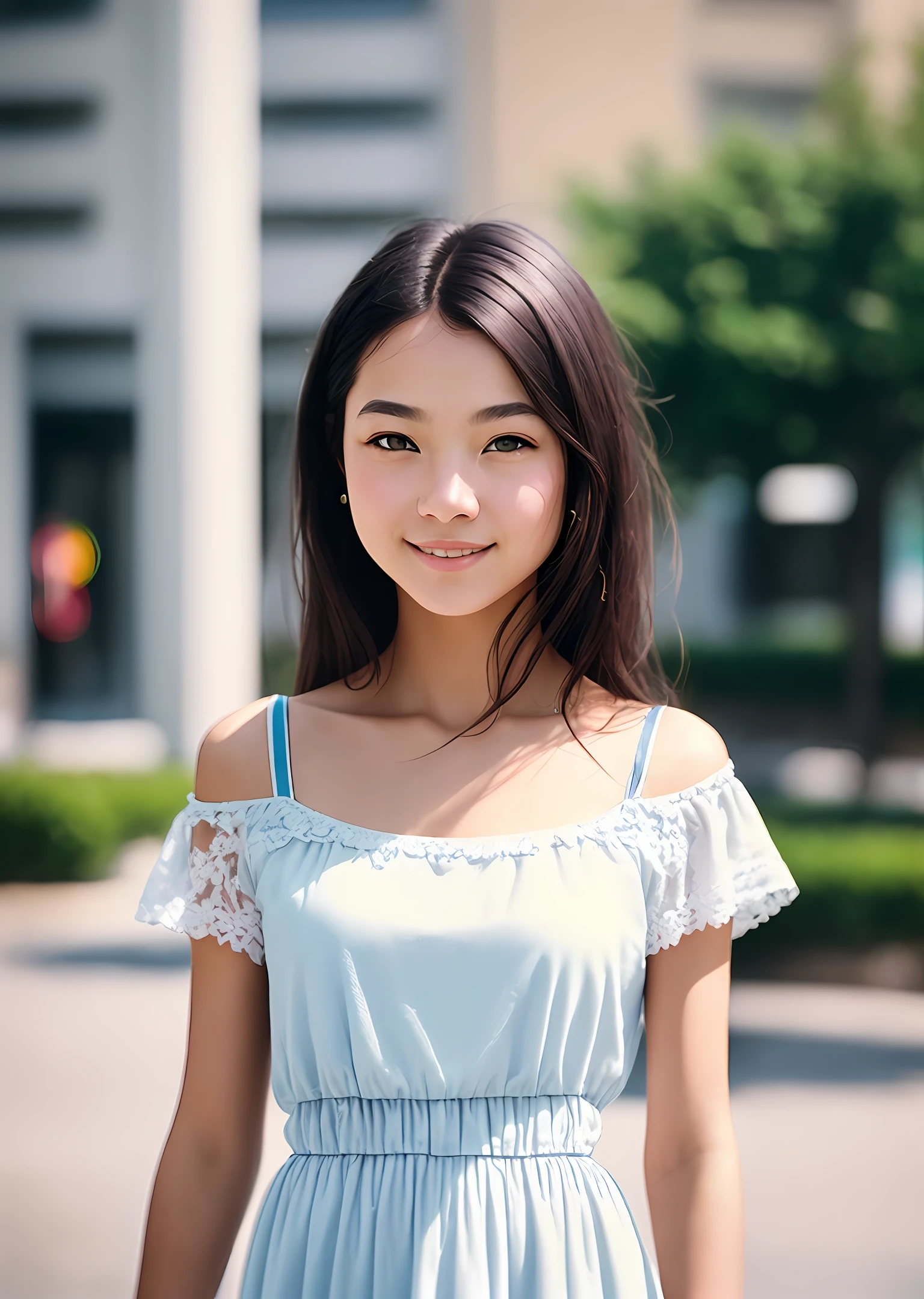 Cowboy Shot, Bokeh: 1.2, Outdoor, 1980s\(Style), Vintage Detail, Street Scene, 1 age Girl, Fit, Solo, (Bright Smile: 1.3), (1980s Dress, (Long Dress: 1.2)), (Short Sleeves, Off-the-Shoulder: 1.1), Dynamic Pose, Looking at the Audience, (medium_breasts:1.2), (floating_hair), tiny_waist, (realistic_ detailed_skin_ texture: 1.1), good hands, fixed, good feet, this scene should be captured with 35mm film, nice depth of field, slightly blurry, nostalgic background, film portrait photography, 35mm film, film, film, (8k, RAW photo, best quality, masterpiece: 1.2), (realistic, photorealistic photo: 1.4), ultra-high resolution, photon mapping, radiosity, ((Hasselblad photography)), physically based rendering, professional soft lighting, face light,