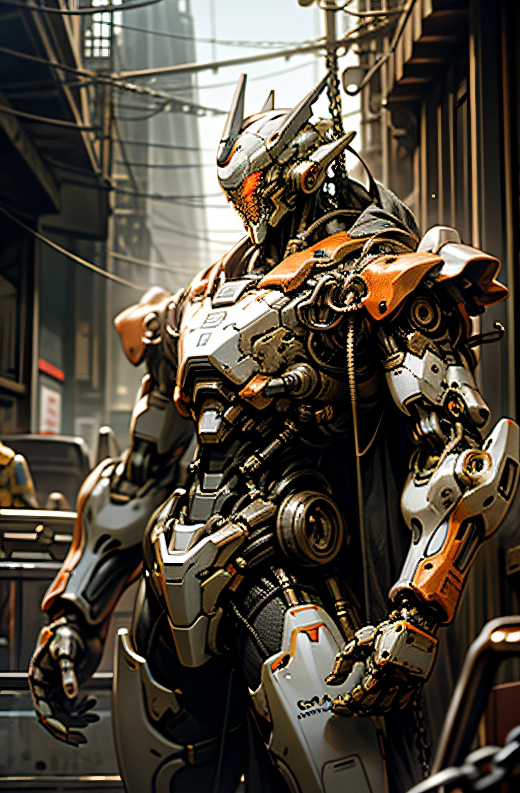 Dark_Fantasy,Cyberpunk,(chain saw,chain saw man,Red:1.1),1man,Mechanical marvel,Robotic presence,Cybernetic guardian, wearing a worn-out mech suit, intricate, (steel metal [rusty]), elegant, clear focus, shot by greg rutkowski, soft lighting, vibrant colors, masterpiece, ((street)), cowboy shot, dynamic pose,