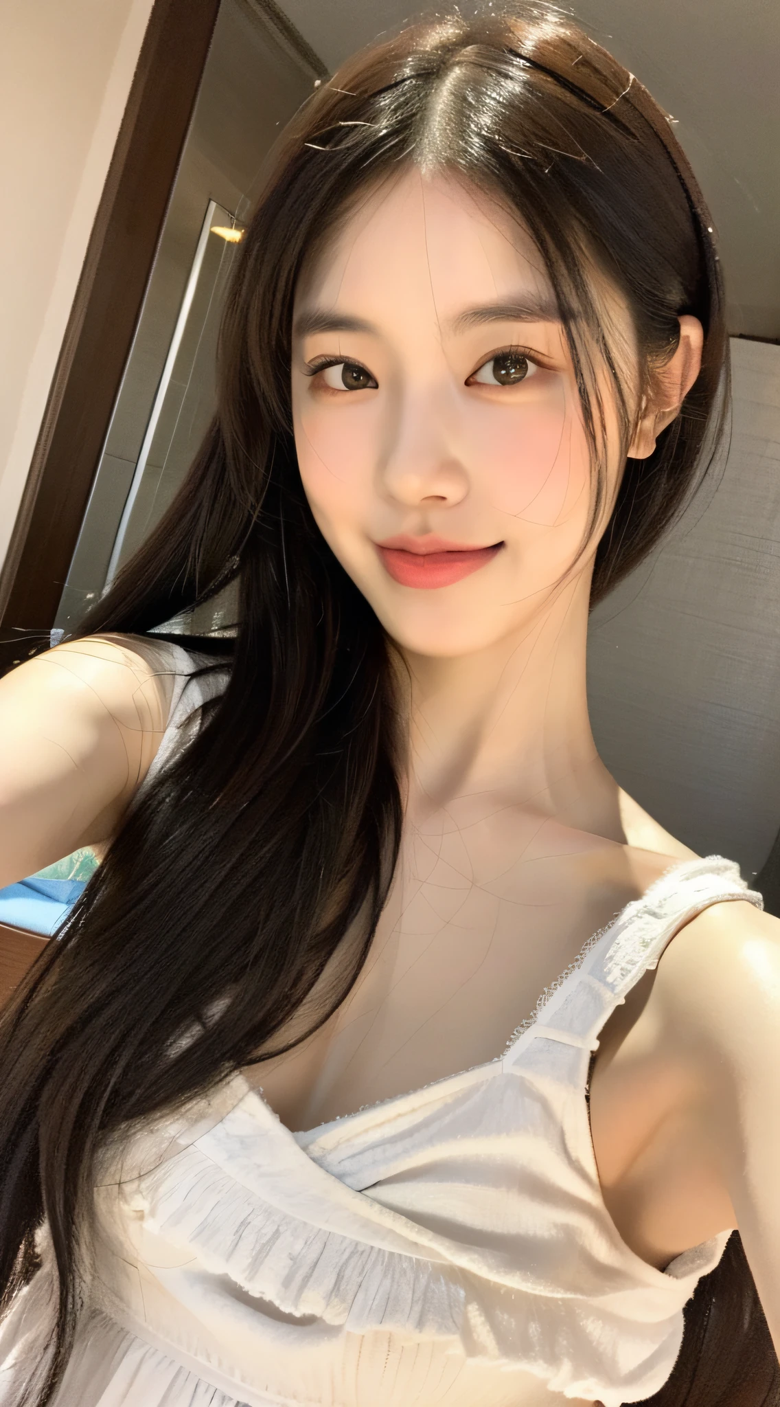 8K, best quality, masterpiece, super high resolution, (realistic: 1.4), original photo, (real skin texture: 1.3), (film grain: 1.3), (selfie angle), 1 girl, cute, smile, doppelganger lens,( (white dress)), lace material, beautiful details for eyes and face, masterpiece, best quality, close up,