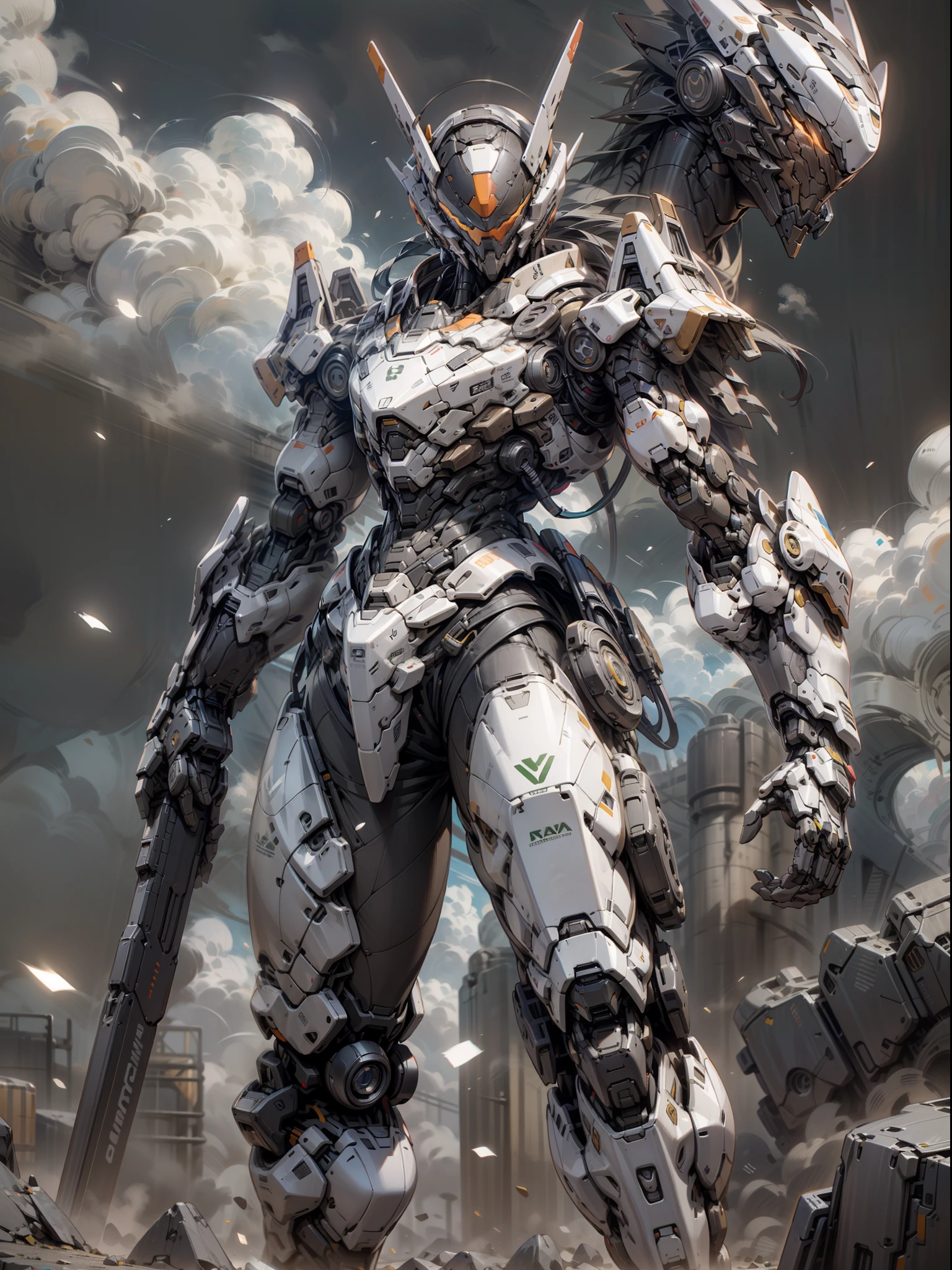 Best Quality)), ((Masterpiece)), (Very detailed: 1.3), 8K, cool painting, full of sci-fi, black assassin with devastating weapons, streamlined black armor with complex weapons and equipment behind it, Gundam humanoid mech, anime mech aesthetic, perfect body proportions, heads-up view, standing pose, military giant mech, missiles, rocks, futuristic technology, realism, dark clouds in the sky, dark war background, ray tracing, light particles, nvidia Trtx, super resolution, Unreal 5, Subsurface Scattering, Specular and Albedo Mapping, Rule of Thirds, Large Aperture, Battle Stance, 8K Raw Data, High Efficiency Subpixels, Subpixel Convolution, Light Particles, Light Scattering, Tyndall Effect, Ray Tracing.