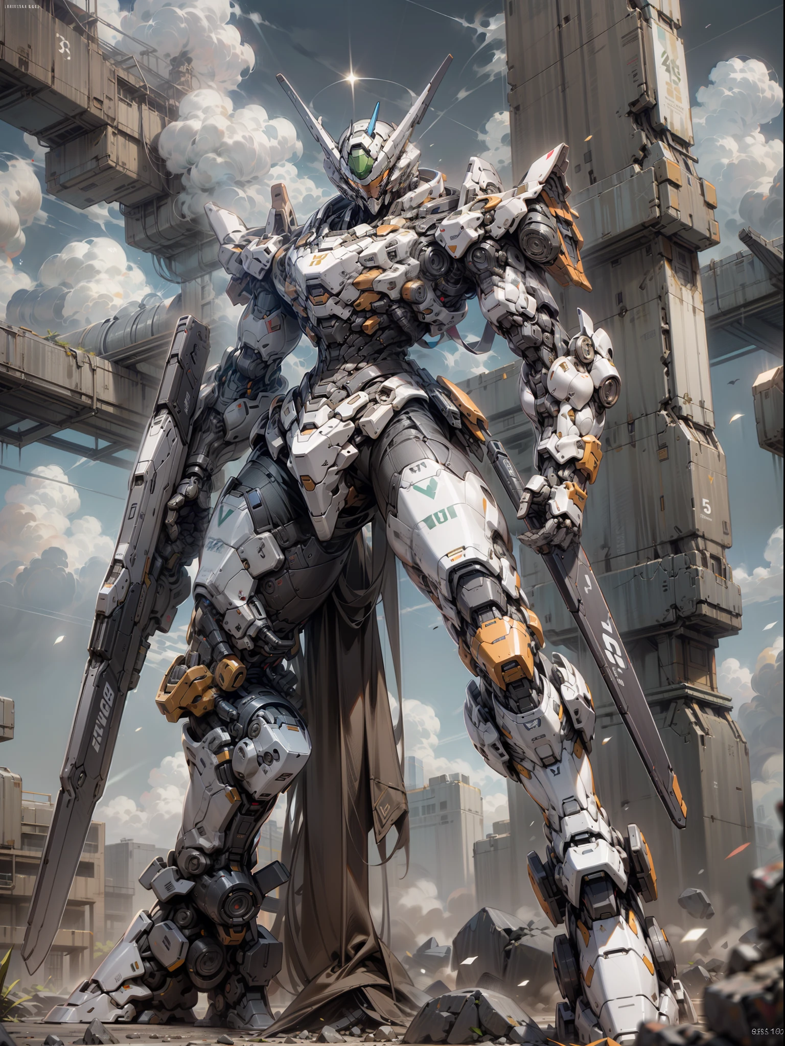 Best Quality)), ((Masterpiece)), (Very detailed: 1.3), 8K, cool painting, full of sci-fi, black assassin with devastating weapons, streamlined black armor with complex weapons and equipment behind it, Gundam humanoid mech, anime mech aesthetic, perfect body proportions, heads-up view, standing pose, military giant mech, missiles, rocks, futuristic technology, realism, dark clouds in the sky, dark war background, ray tracing, light particles, nvidia Trtx, super resolution, Unreal 5, Subsurface Scattering, Specular and Albedo Mapping, Rule of Thirds, Large Aperture, Battle Stance, 8K Raw Data, High Efficiency Subpixels, Subpixel Convolution, Light Particles, Light Scattering, Tyndall Effect, Ray Tracing.