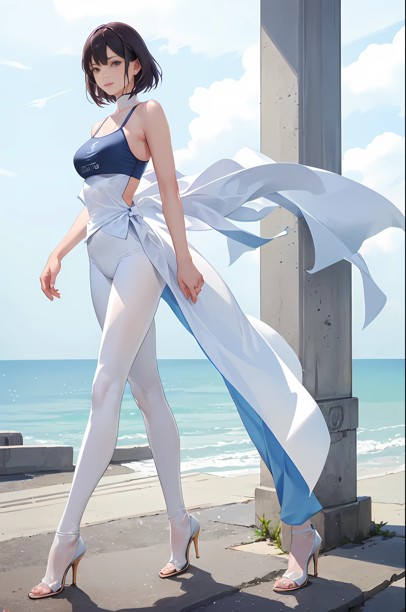 1girl, solo, full body portrait, white camisole vest, high heels, yoga wear, pantyhose, masterpiece, best quality, realistic, super detailed, (shiny skin, sweating: 1.4), looking at the audience, light blue short hair, red eyes, slender, dynamic light and shadow, high resolution, sharp focus, depth of field, fine eyes, pupil sharp, pupil realistic, (C cup: 1.2), (skin white: 2.0), (long legs: 1.8), (clothes transparent: 1.5), outdoor, sky