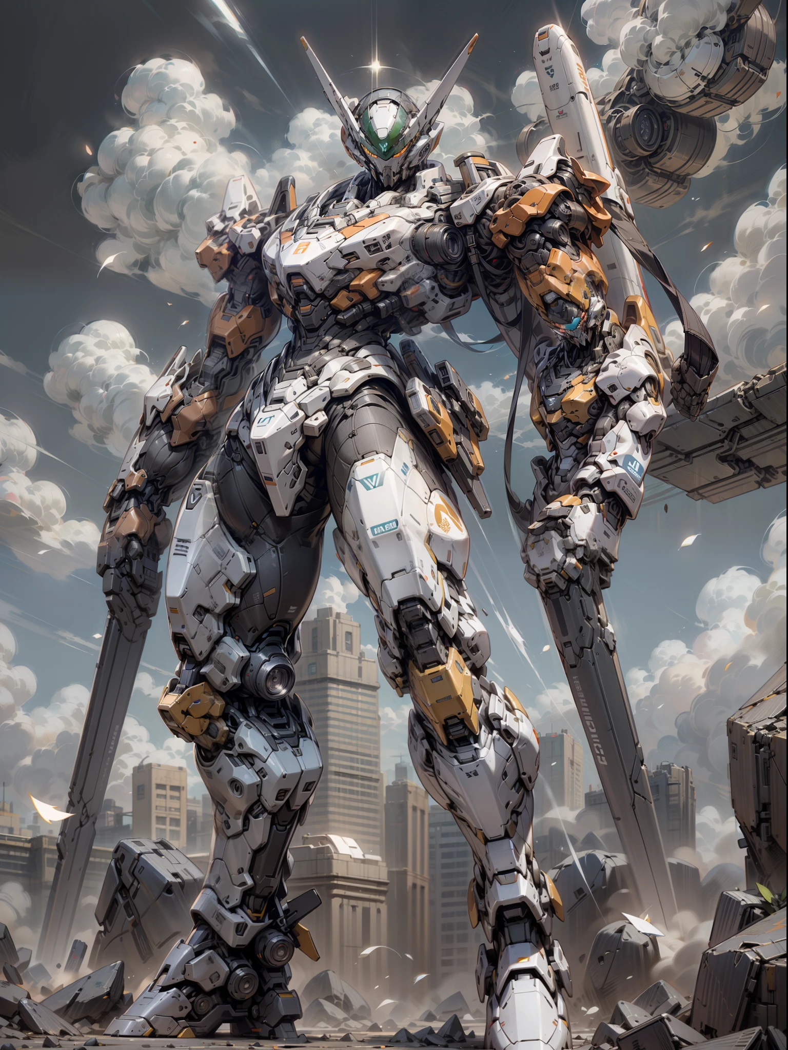 Best Quality)), ((Masterpiece)), (Very detailed: 1.3), 8K, cool painting, full of sci-fi, black assassin with devastating weapons, streamlined black armor with complex weapons and equipment behind it, Gundam humanoid mech, anime mech aesthetic, perfect body proportions, heads-up view, standing pose, military giant mech, missiles, rocks, futuristic technology, realism, dark clouds in the sky, dark war background, ray tracing, light particles, nvidia Trtx, super resolution, Unreal 5, Subsurface Scattering, Specular and Albedo Mapping, Rule of Thirds, Large Aperture, Battle Stance, 8K Raw Data, High Efficiency Subpixels, Subpixel Convolution, Light Particles, Light Scattering, Tyndall Effect, Ray Tracing.