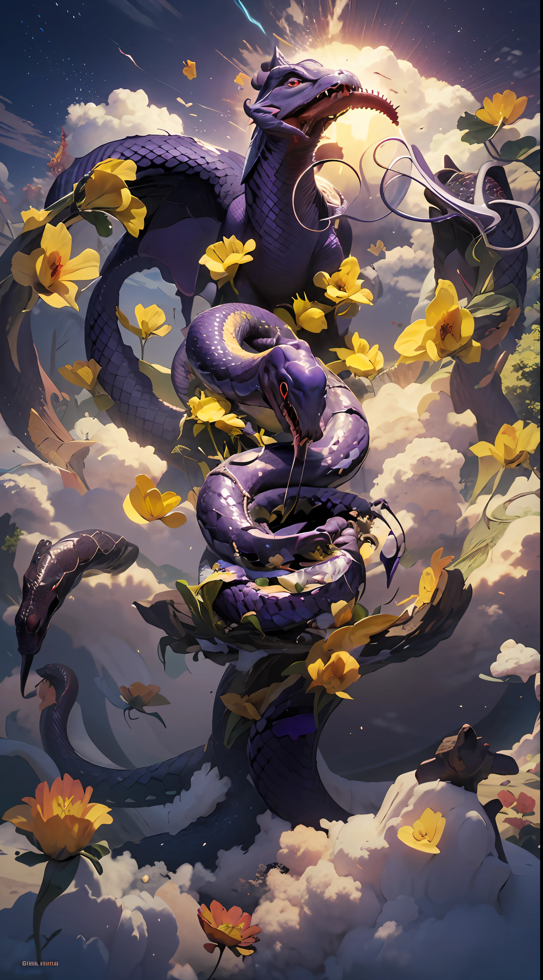 best quality, masterpiece, super high resolution, without humans, (length: 1.2), no humans, clouds, architecture, East Asian architecture, purple eyes, horns, open mouth, sky, fangs, oriental snake, cloudy, teeth, flight, purple fire, bird, wings