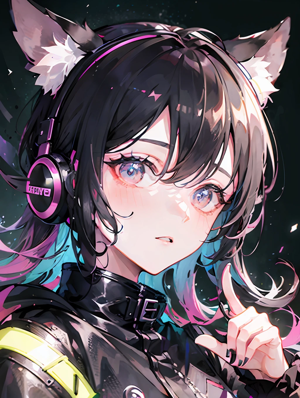 Masterpiece, best quality, colorful, a teenager with pink|black pigtails wearing a detailed leather jacket and anime tee-shirt touching a translucent panel, in a dark void filled with small intense light particles, jacket off a shoulder, floating screens in front, dramatic viewing angle, dynamic pose, (face focus close up:1.2), detailed headphones with neon ears
All in view
Depth of field, high resolution, extreme intricate details, dramatic shadows, global illumination