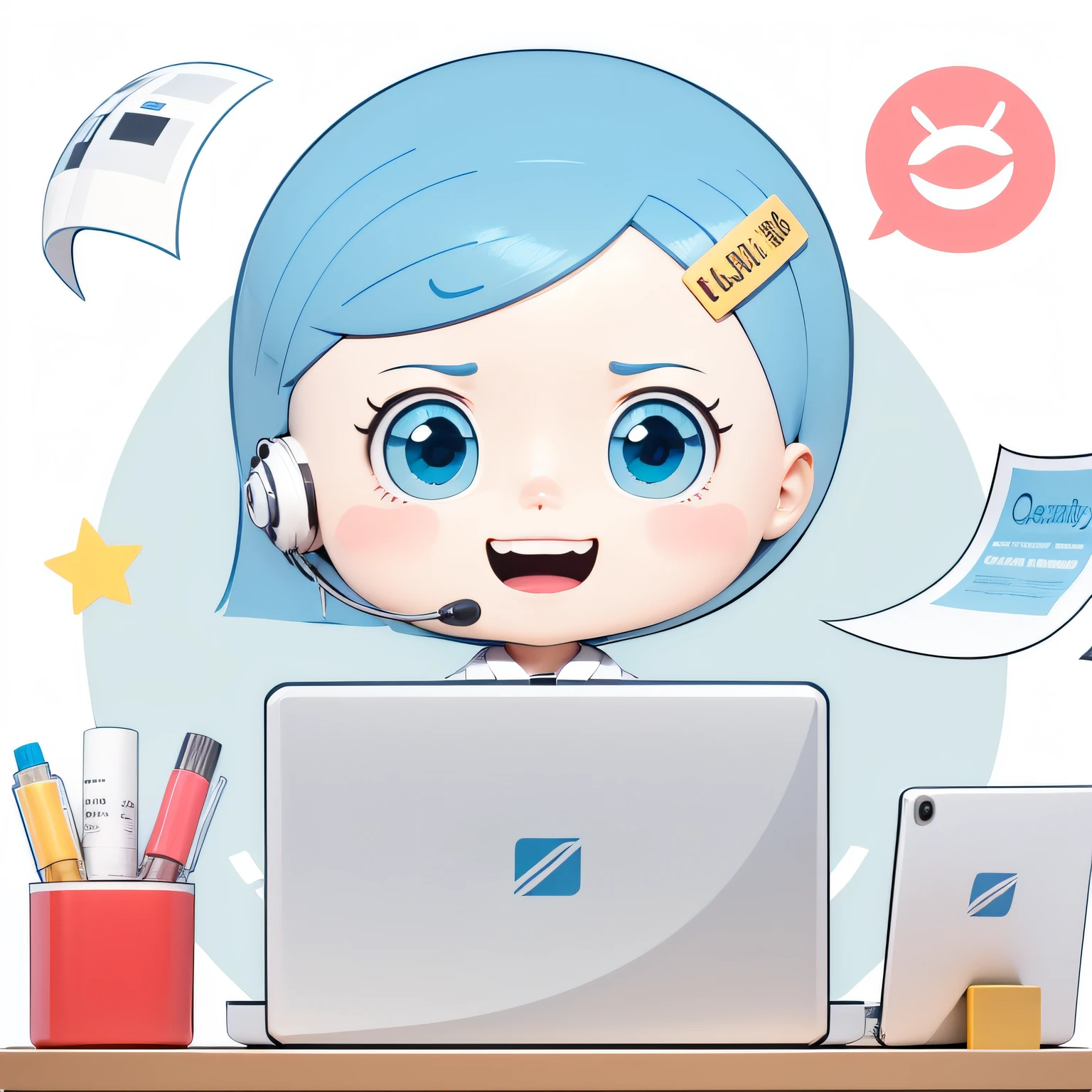 A Girl，Cute squinting smile，Expression enjoyment，Blue eyes，Blue hair，ple short hair，no headwear，White doctor white coat clothes，（Beautiful Detail Eyes），（Beautiful detailed face），（clean Background：1.1），brightly，BACKGROUND，Disney style，Fine gloss，Dreamlike，Cuties，pop-Martin's LP，high-detail，Ultra high quality，Bright colors，Mock-up blind box toy，3D渲染，OC rendering，c4d，best quarity，8k，brightly，front light，facial shots，Fine gloss、Ultra detox，（all body：1.3） --auto --s2