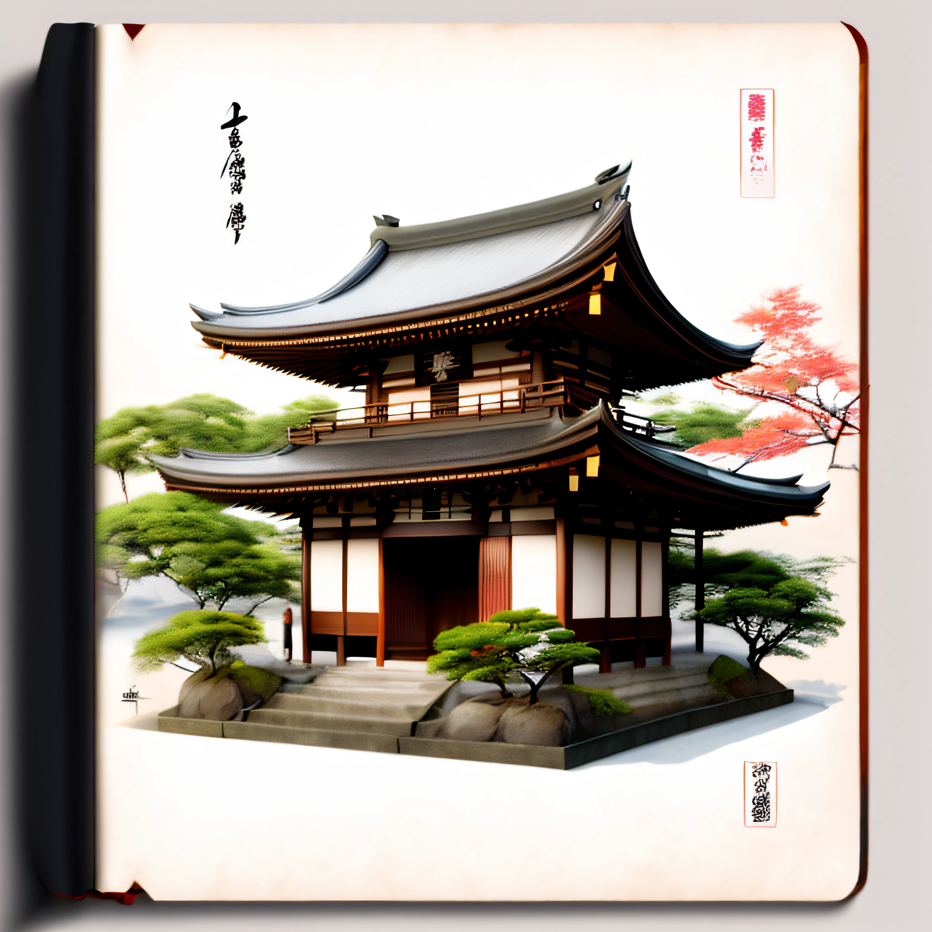 guidebook cover, Tokyo, shrine, photoreal, 8K, best quality, super high resolution, beautiful in detail, sumi-e