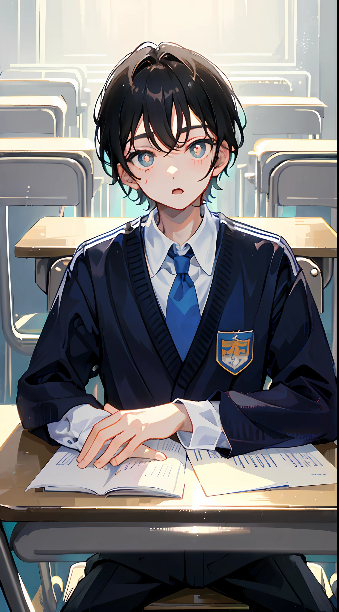 ((Boy: 2, Best Quality)), son, wearing a light blue school uniform, sitting on a class seat, hands parallel to the table, square face, inch, pupils narrowed, mouth slightly open, a look of surprise, looking at the audience, face close, (masterpiece), facing the audience, only counting the facial area.