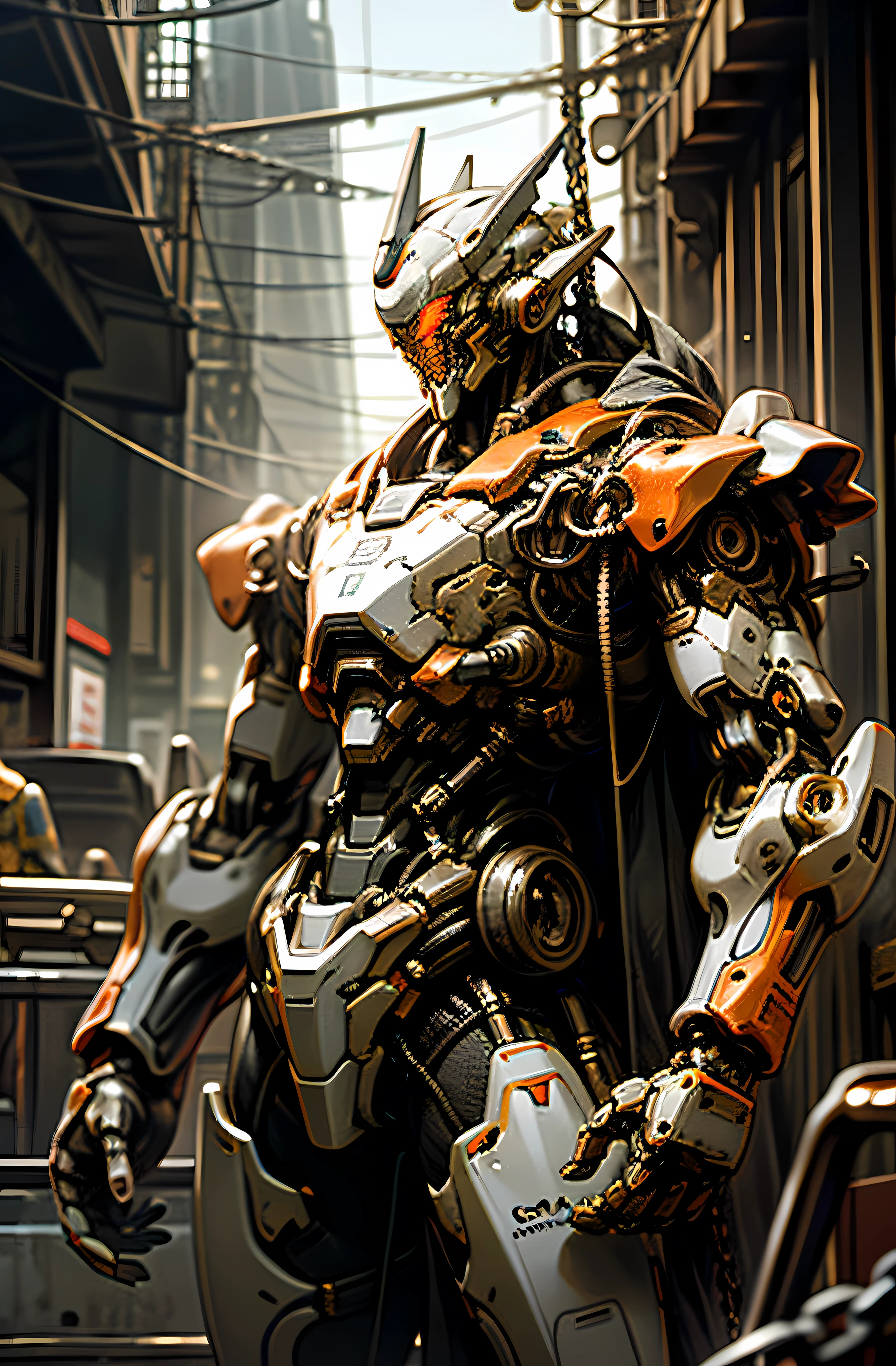 Dark_Fantasy,Cyberpunk,(chain saw,chain saw man,Red:1.1),1man,Mechanical marvel,Robotic presence,Cybernetic guardian, wearing a worn-out mech suit, intricate, (steel metal [rusty]), elegant, clear focus, shot by greg rutkowski, soft lighting, vibrant colors, masterpiece, ((street)), cowboy shot, dynamic pose,