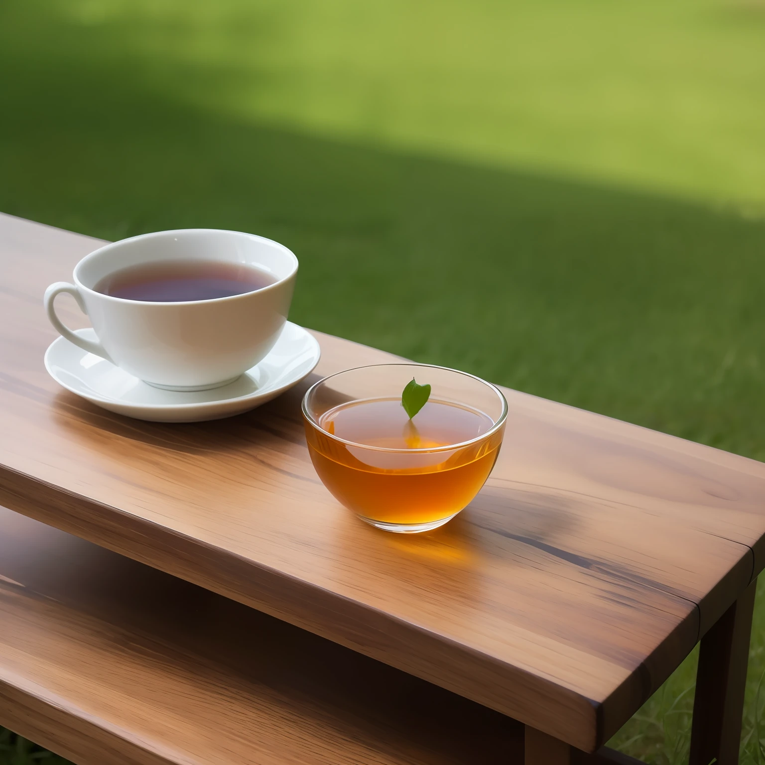 closeup shot，Wooden tea table，drinking tea，Watermelon，hawthorn，Green Landscape --auto