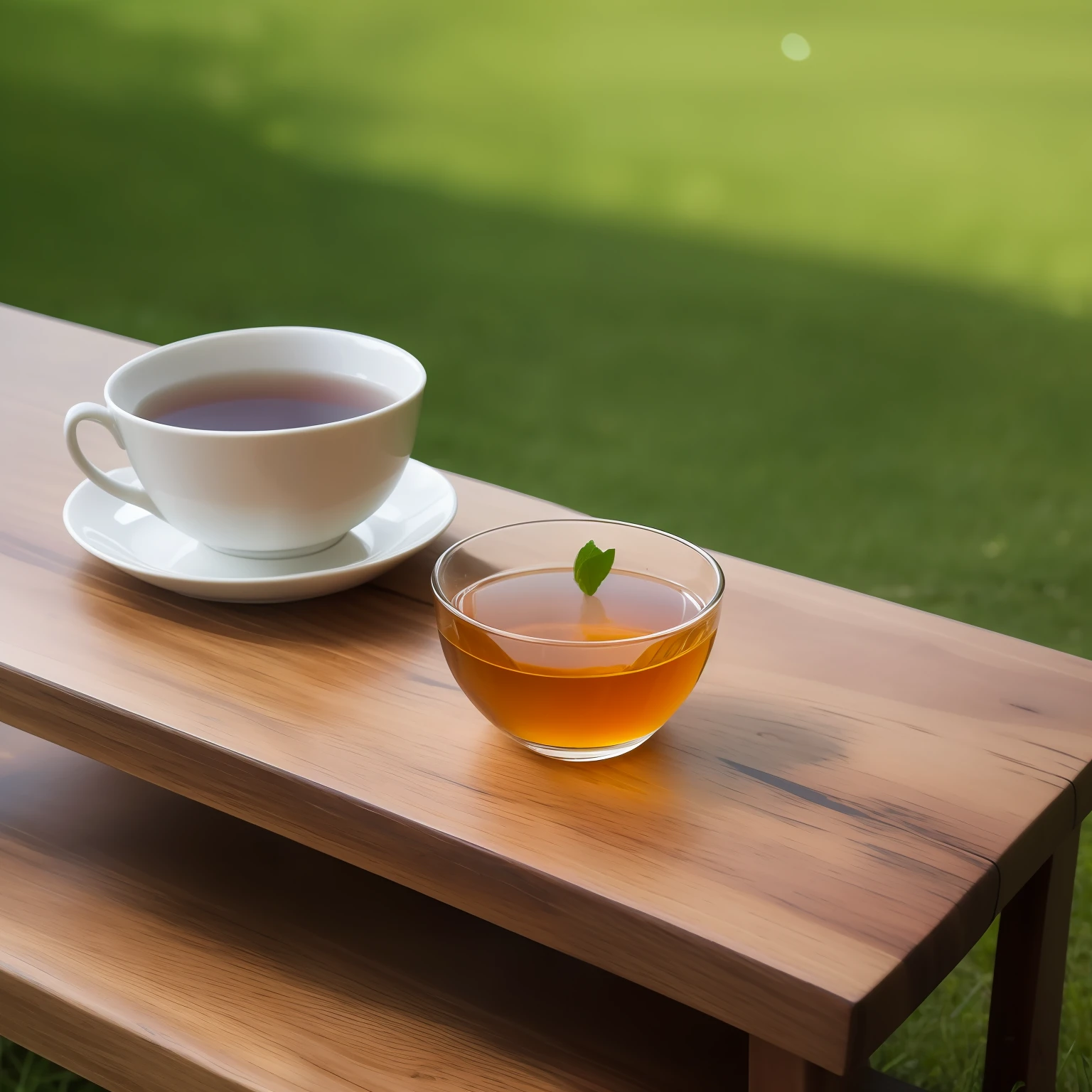 closeup shot,Wooden tea table,drinking tea,Watermelon,hawthorn,Green Landscape --auto