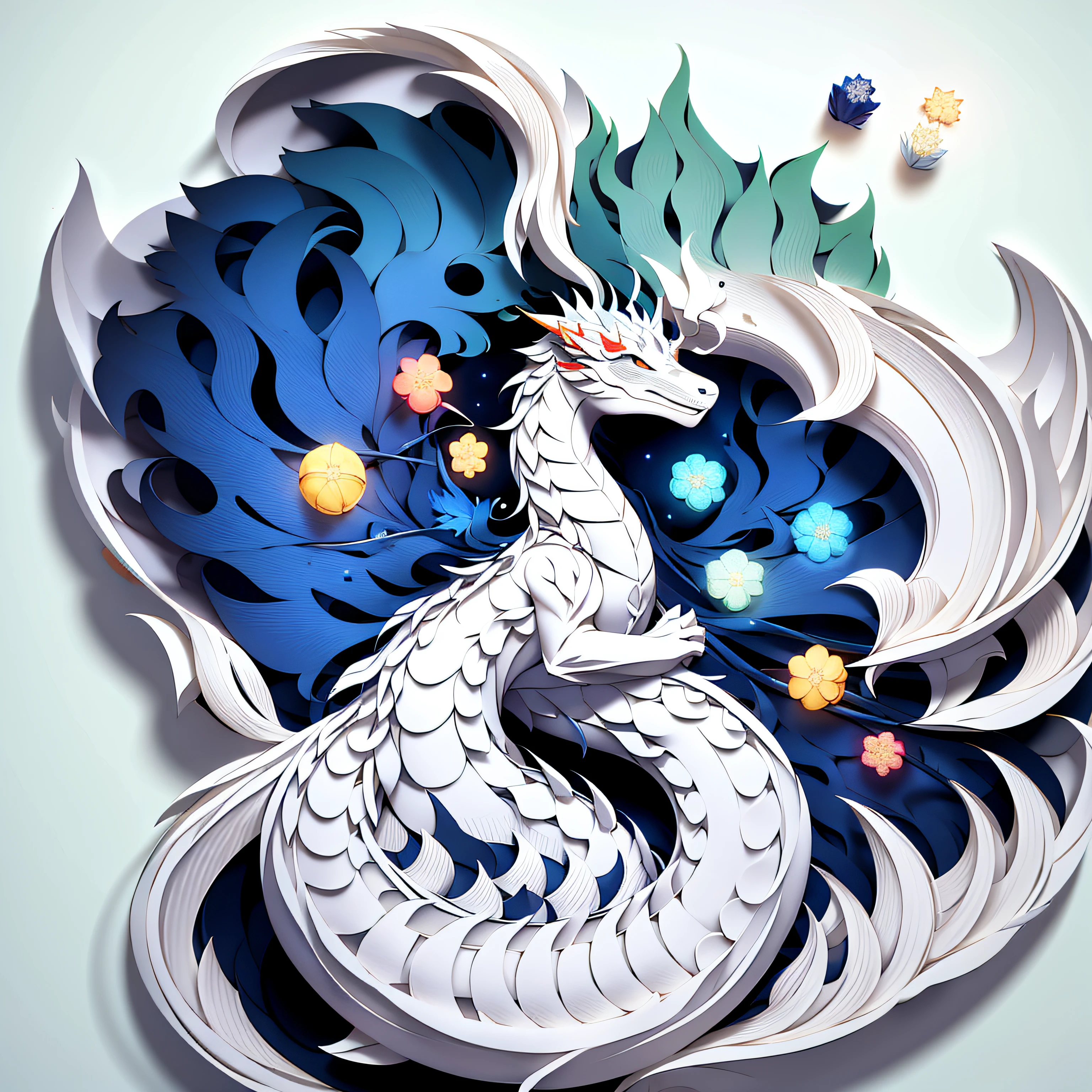 kirigami style, lone white dragon on pastel background, dragon whole in the middle with symmetrical wings, small white flowers around the dragon, bright lighting, clear shadows, paper art, laser cutting art, hand-cut, many details, high image quality, 3D, 8K