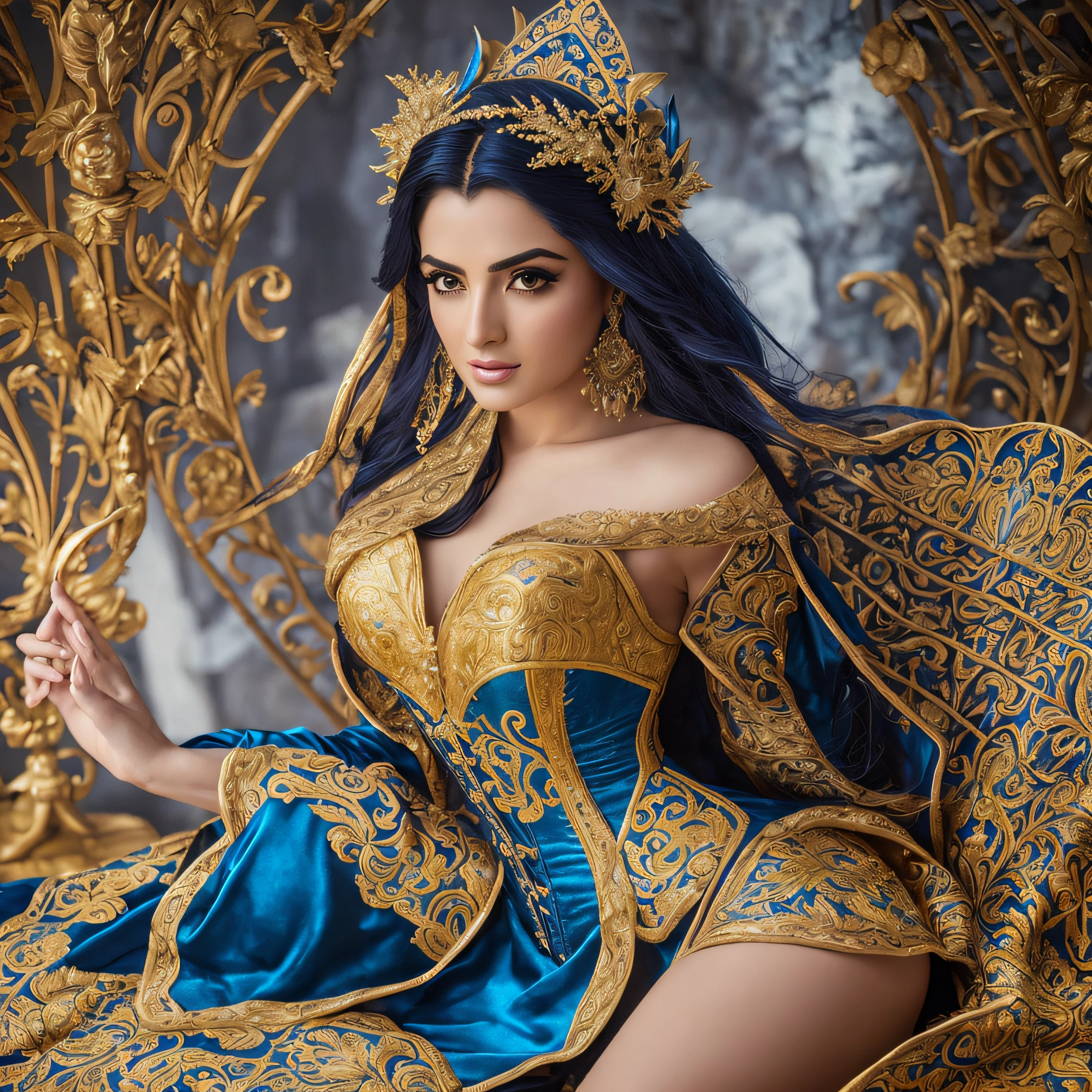 beautiful hispanic woman in a blue and gold haute couture dress with no sleeves and tulle skirt with ruffles, rhinestones and embroidery walking on the runway , ((a beautiful fantasy empress)), beautiful female princess, royal elegant pose, royal dress, ornate royal gown, beautiful princess, royal gown, princess portrait,