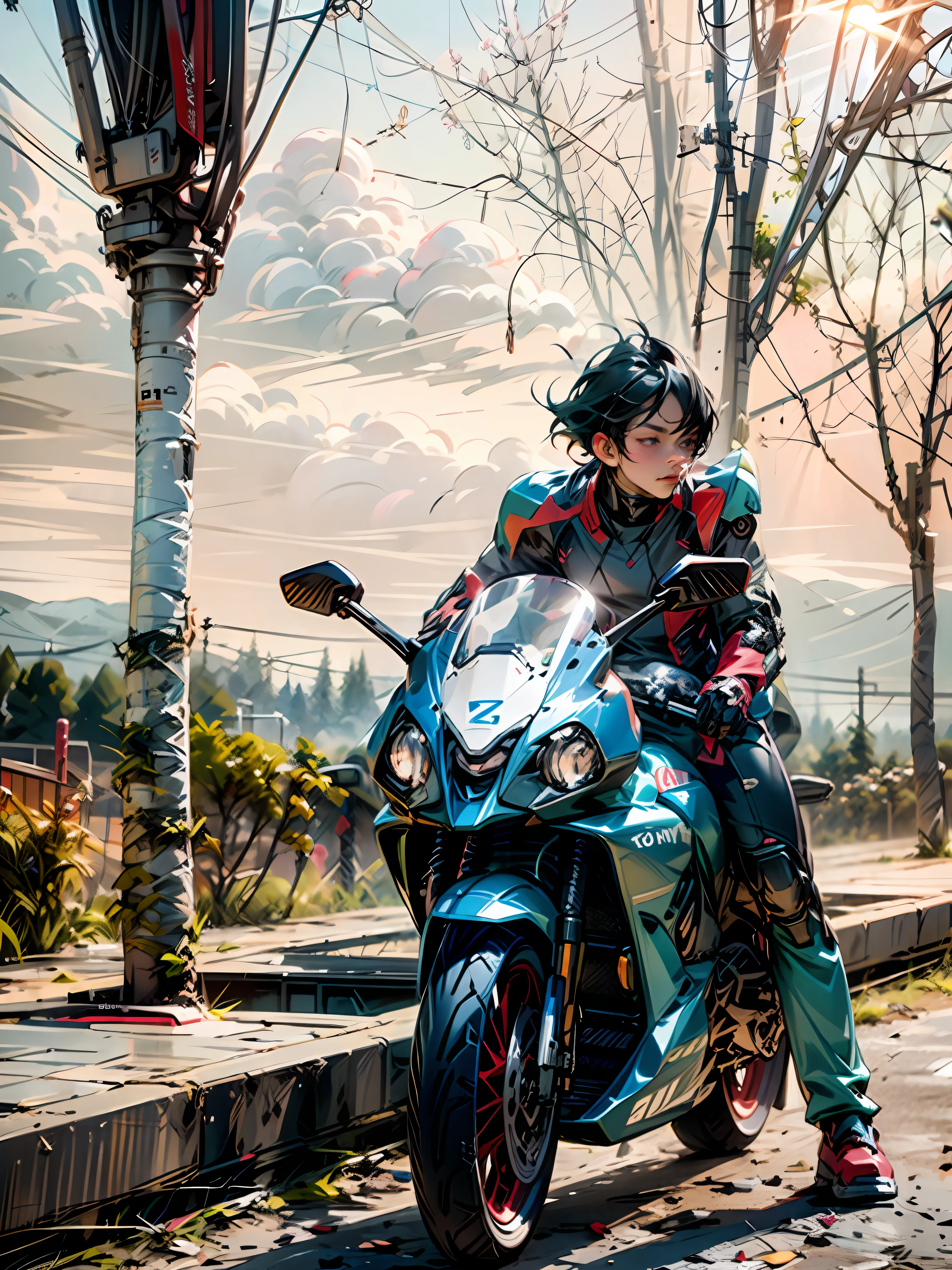Short hair, handsome boy, sunny, handsome and dashing, on the street there is a man sitting on a motorcycle, sitting on a motorcycle, motorcyclist, shot on Nikon D 3 2 0 0, riding a motorcycle, portrait shooting 8 K, Akira Moto, motorcycle, inspired by Liu Haisu, shot with Sony Alpha 9, sitting on a cyberpunk motorcycle, photo shooting, shot with Sony A7R camera, photo - shooting