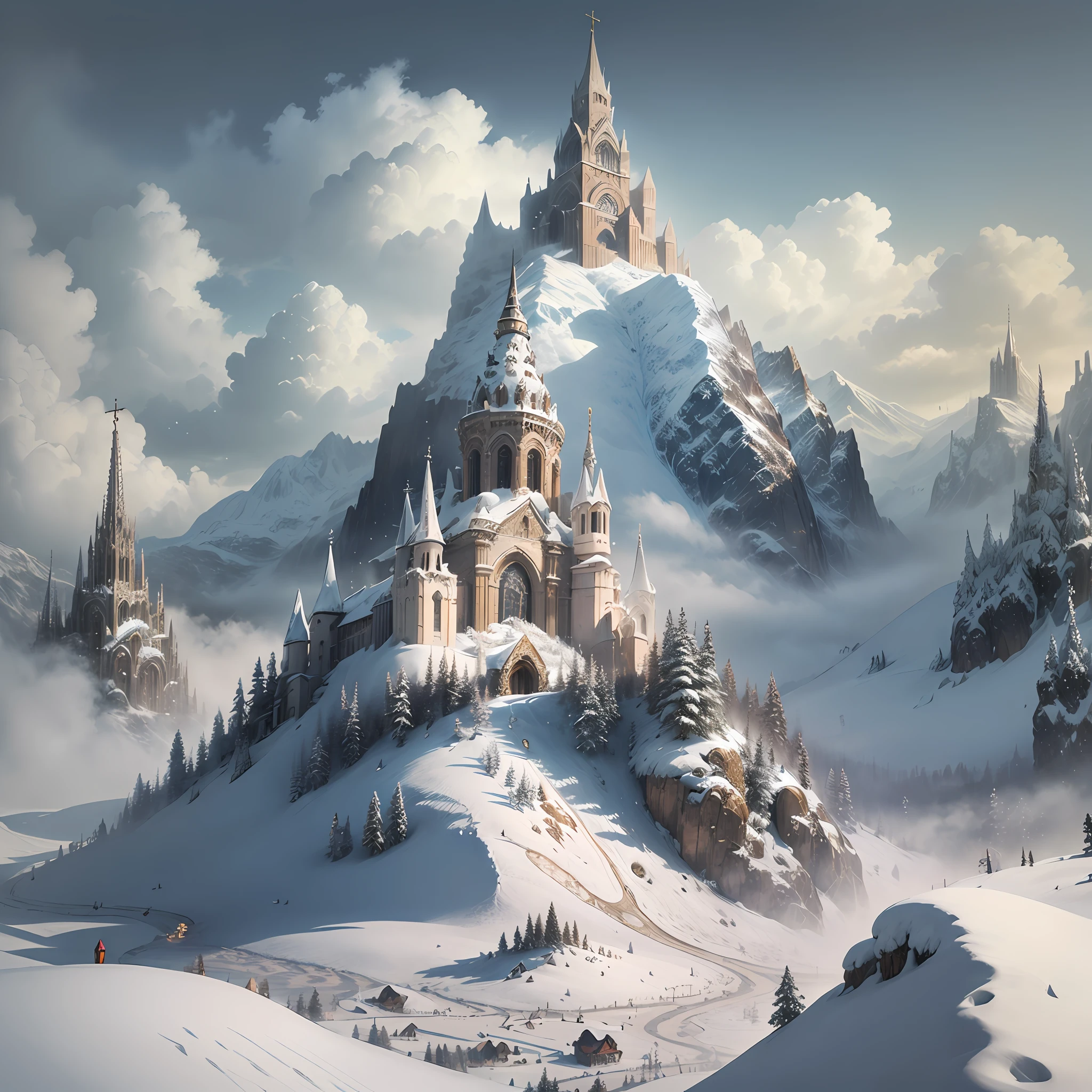 ((best quality)), ((masterpiece)), (detailed),mondada,a map of the world ,snow, mountain, plain, building, (white:1.3),(white cathedral:1.2),