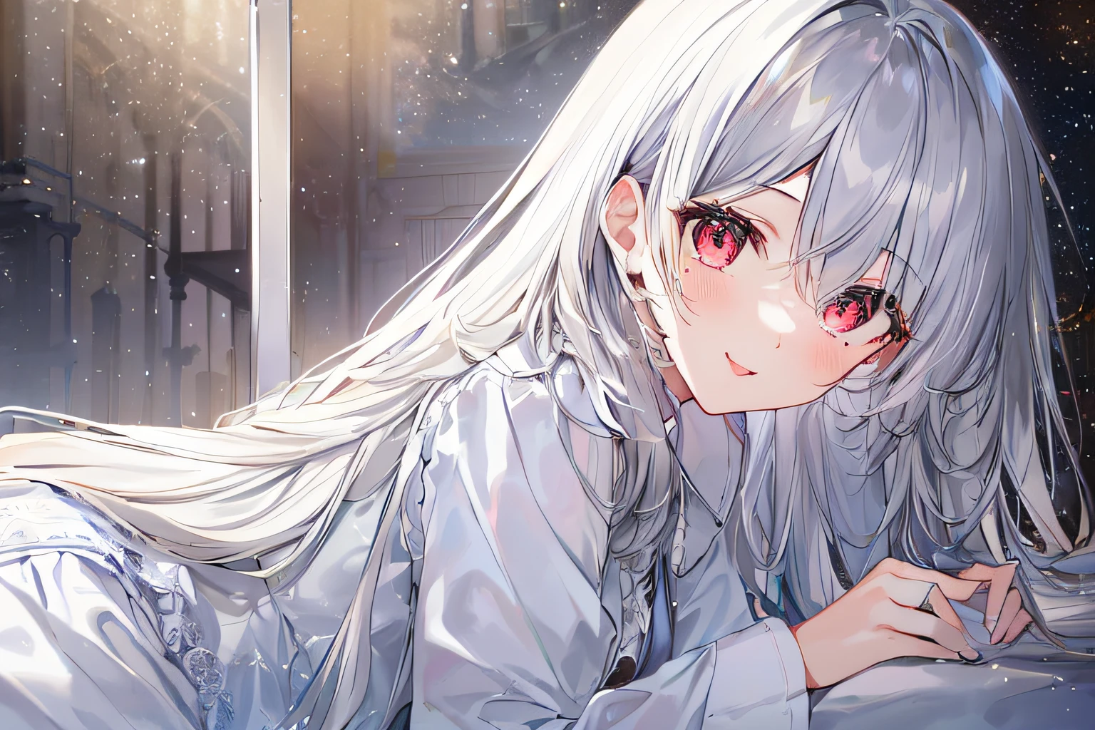 Anime girl with long white hair laying on a bed in the snow - SeaArt AI