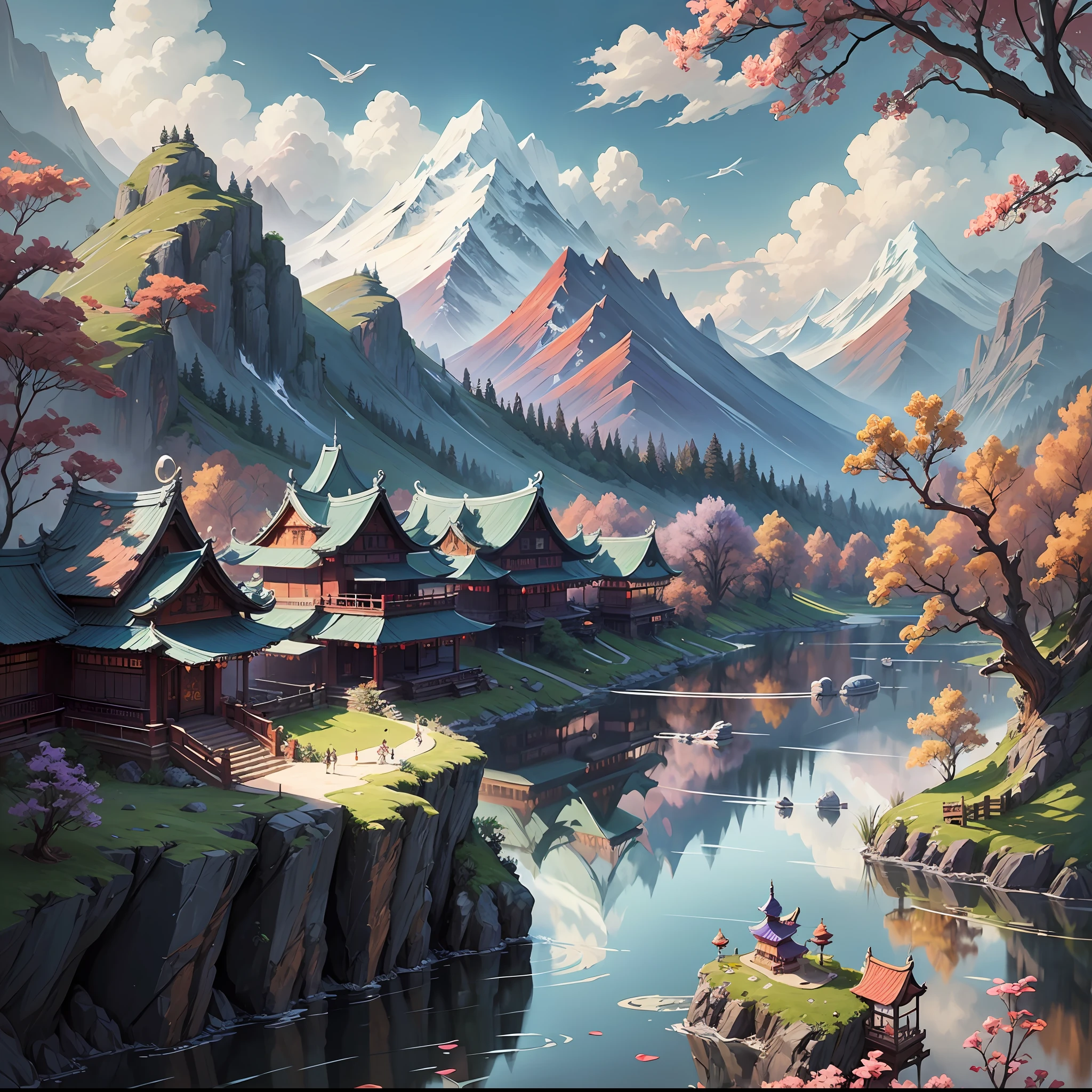 Chinese style scene, high precision, fairy air, fairyland, mountains, water, clouds, cranes, atmosphere, blue-purple, vista, hand-painted style, fairy fluttering