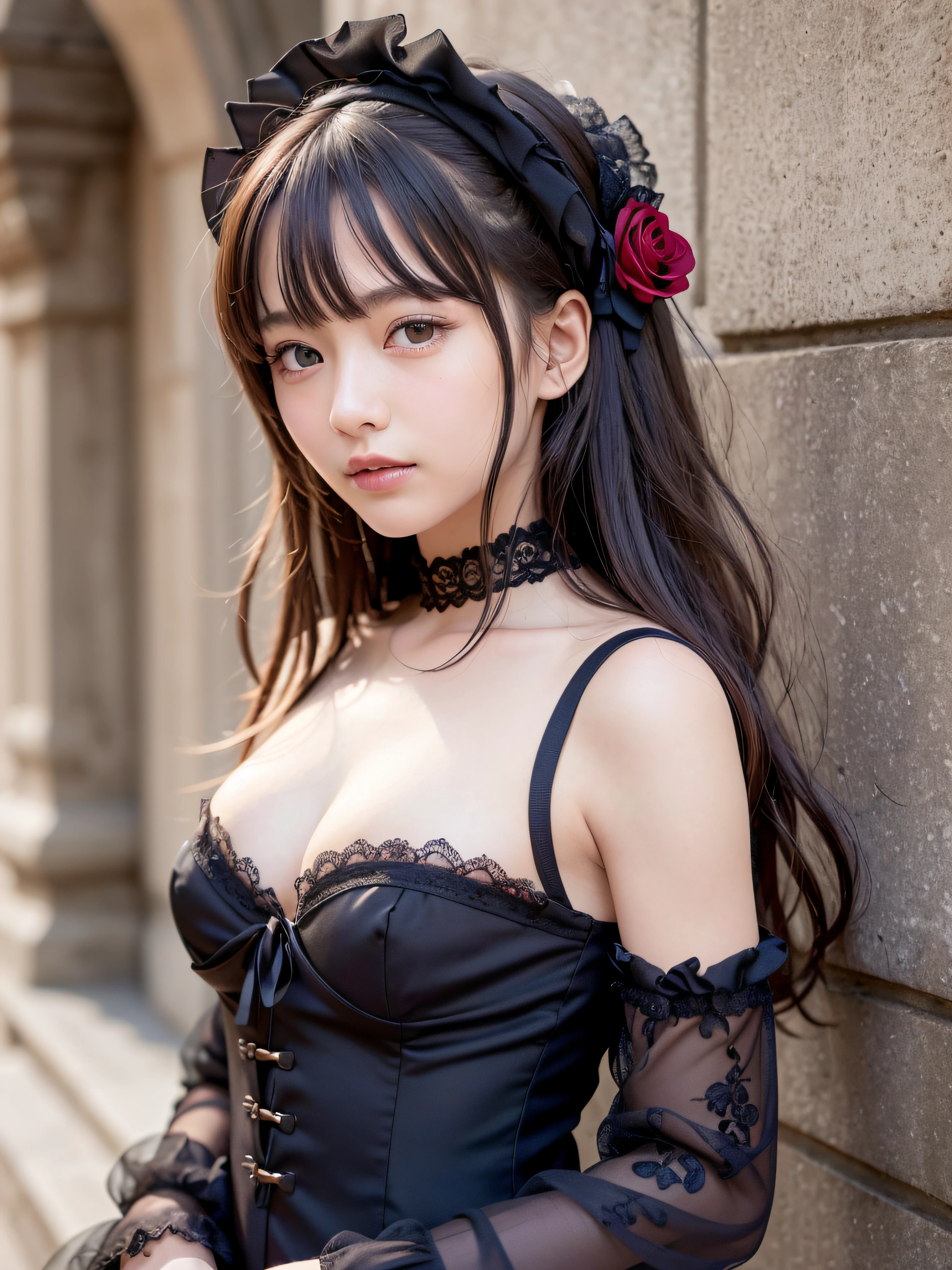 (realistic, photo-realistic:1.37), incredibly absurdres, (insanely detailed:1.3), 8k, (masterpiece), (best quality:1.4), (ultra high res:1.2), (RAW photo:1.2), ultra detailed background, (unity 8k wallpaper), 1 nogizaka girl, utterly cute, bishojo, yo, (gothic lolita fashion), an exquisitely detailed and beautiful face and eyes and skin, detailed black shine hair, small-medium breasts, cleavage, open chest, elegant frills, frilled tie, ribbon tie, rose hair accessory, a dress with delicate lace, soft fabric, and a beautiful rose pattern, smile at the camera, cowboy shot, castles scenery in europe, professional lighting