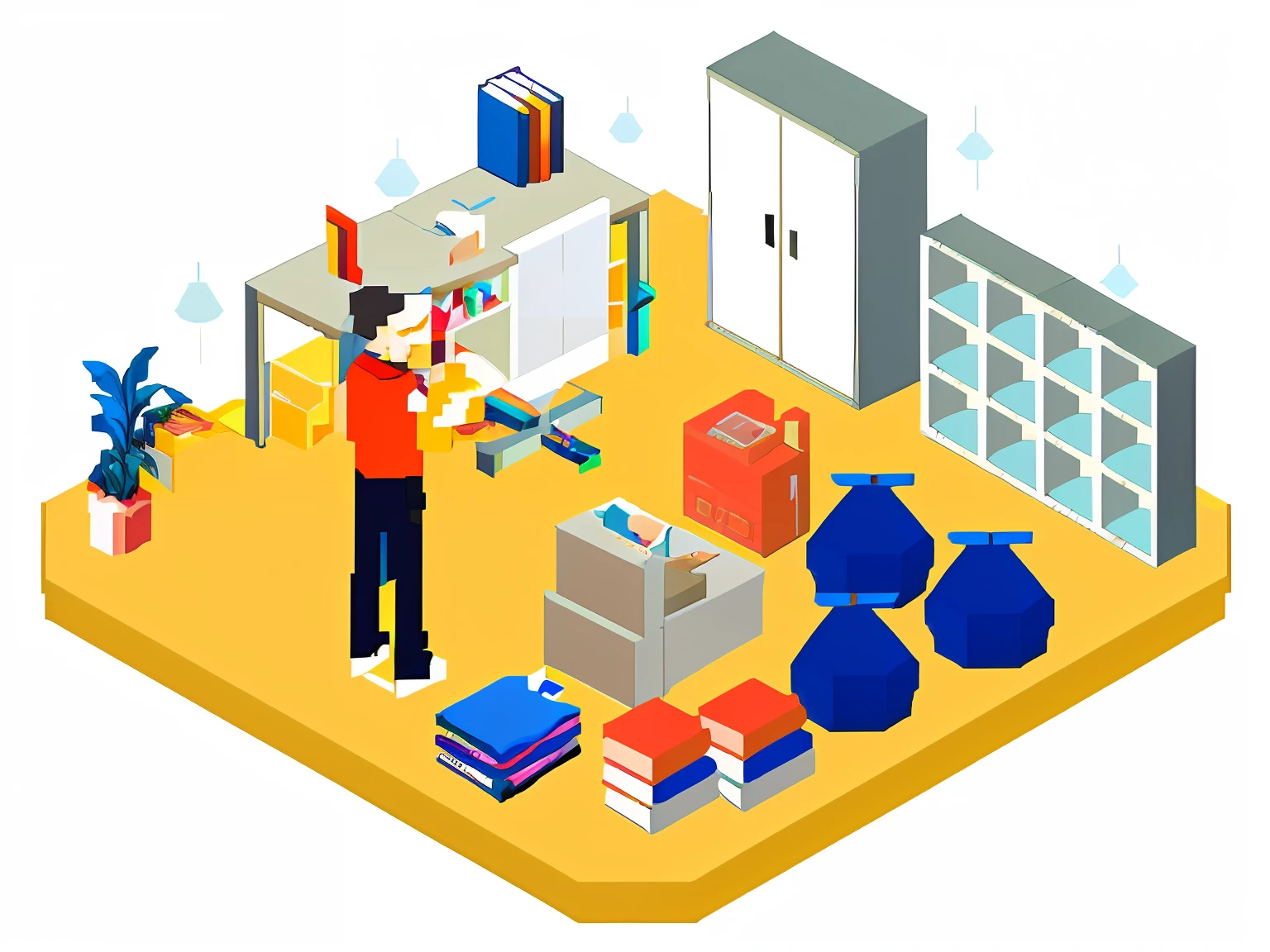 arafed man standing in front of a desk with a laptop and a pile of books, flat illustration, inspect in inventory image, isometric illustration, illustration detailed, isometric style, whole page illustration, isometric design, detailed 2d illustration, isometric illustration fun, cluttered room, detailed illustration, 2. 5 d illustration, worksafe. illustration