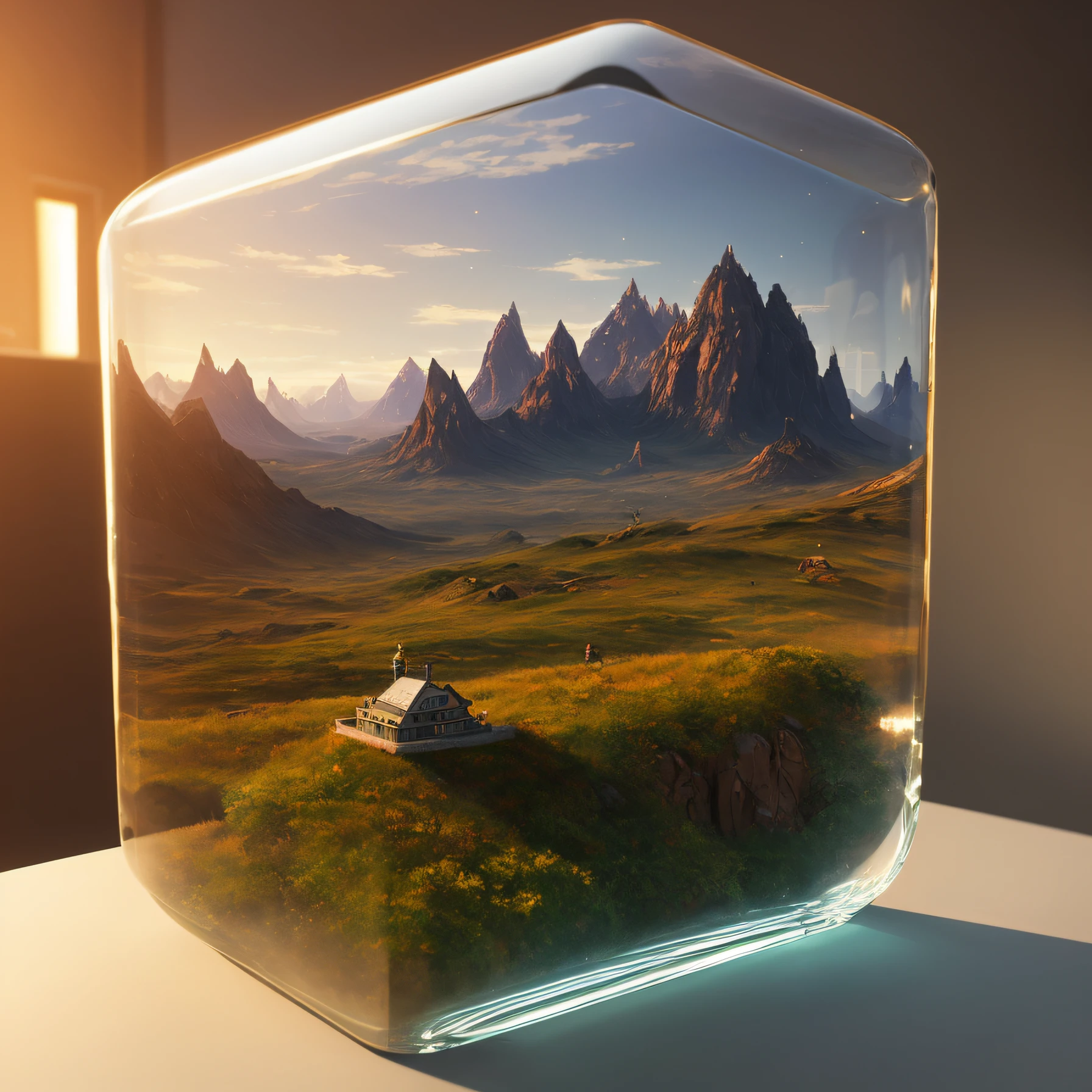 cinematic universe inside of a glass cube, sharp focus, concept art, very detailed, very realistic, trending on artstation, in the style of ALBERT BIERSTADT