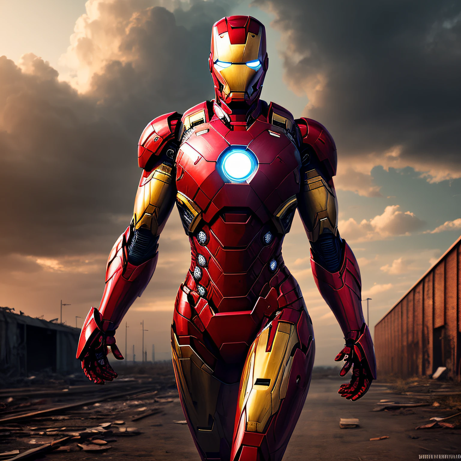 8k, realistic, attractive, highly detailed, a 20 year old girl a sexy and attractive woman inspired by Iron Man wearing a shiny Iron Man mech. She dresses with sexiness and confidence, perfectly interpreting Iron Man's strength and charisma. The abandoned warehouse serves as a backdrop, creating a unique atmosphere that highlights her bravery and perseverance. The cloudy sky adds a sense of tension and mystery to the whole scene. This high-definition, high-quality picture will bring you a shocking visual experience. The detailed abandoned warehouse and shiny mechs will keep your eyes on you. oc rendering, dramatic lighting, award winning quality --auto
