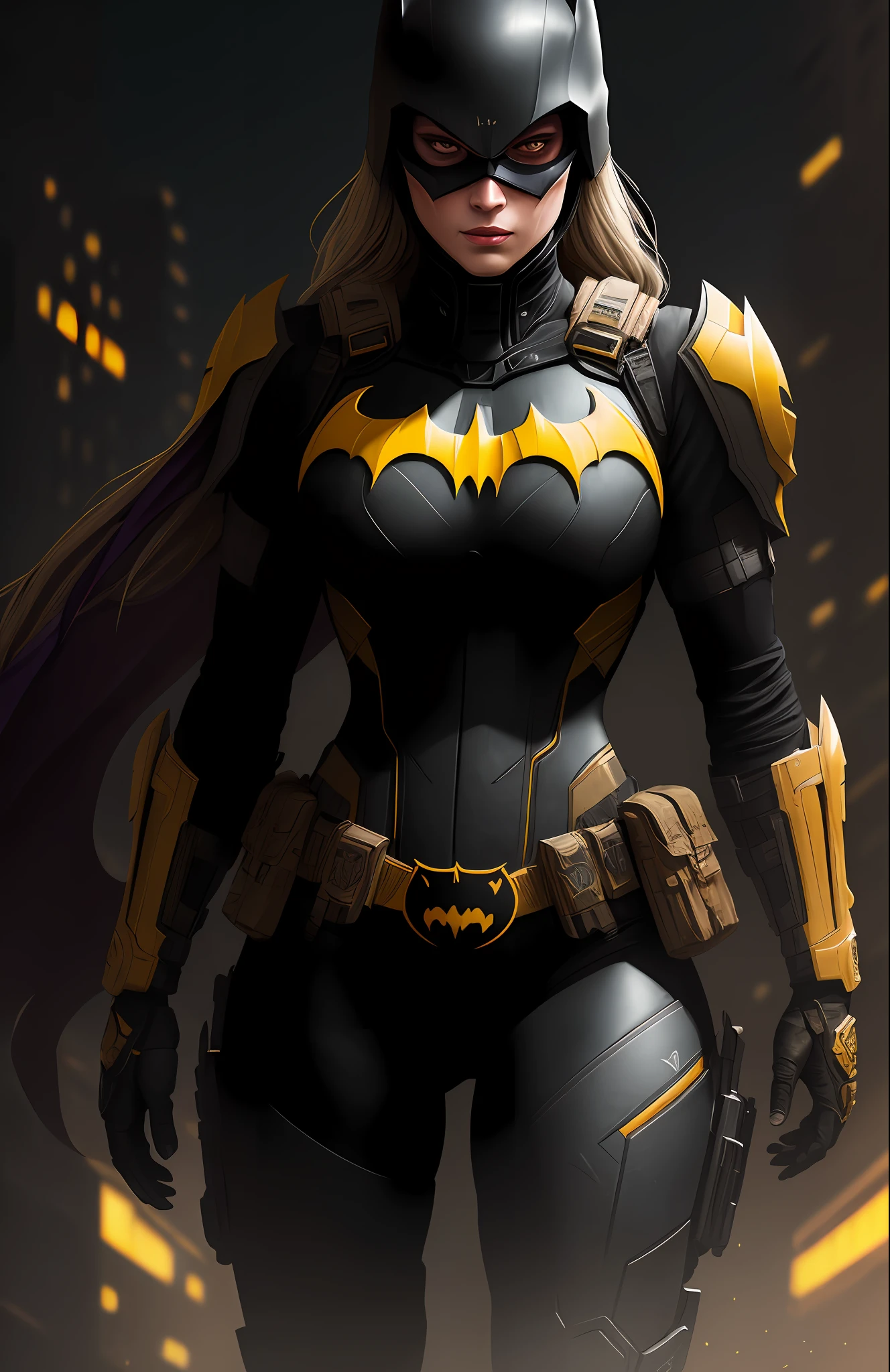 (dark shot: 1.1), epic realistic, Horseman of the Apocalypse Batgirl from DC, yellow gradient, black, brown and magenta color scheme, grunge aesthetic!!! graffiti tag wall background, art by Greg Rutkowski and artgerm, soft cinematic light, Adobe Lightroom, darkroom, HDR, intricate, highly detailed, (depth of field: 1.4), faded, (neutral colors: 1.2), (hdr: 1.4), (muted colors: 1.2), hyper-detail (artstation: 1.4), cinematic, warm light, dramatic light (complex details: 1.1)