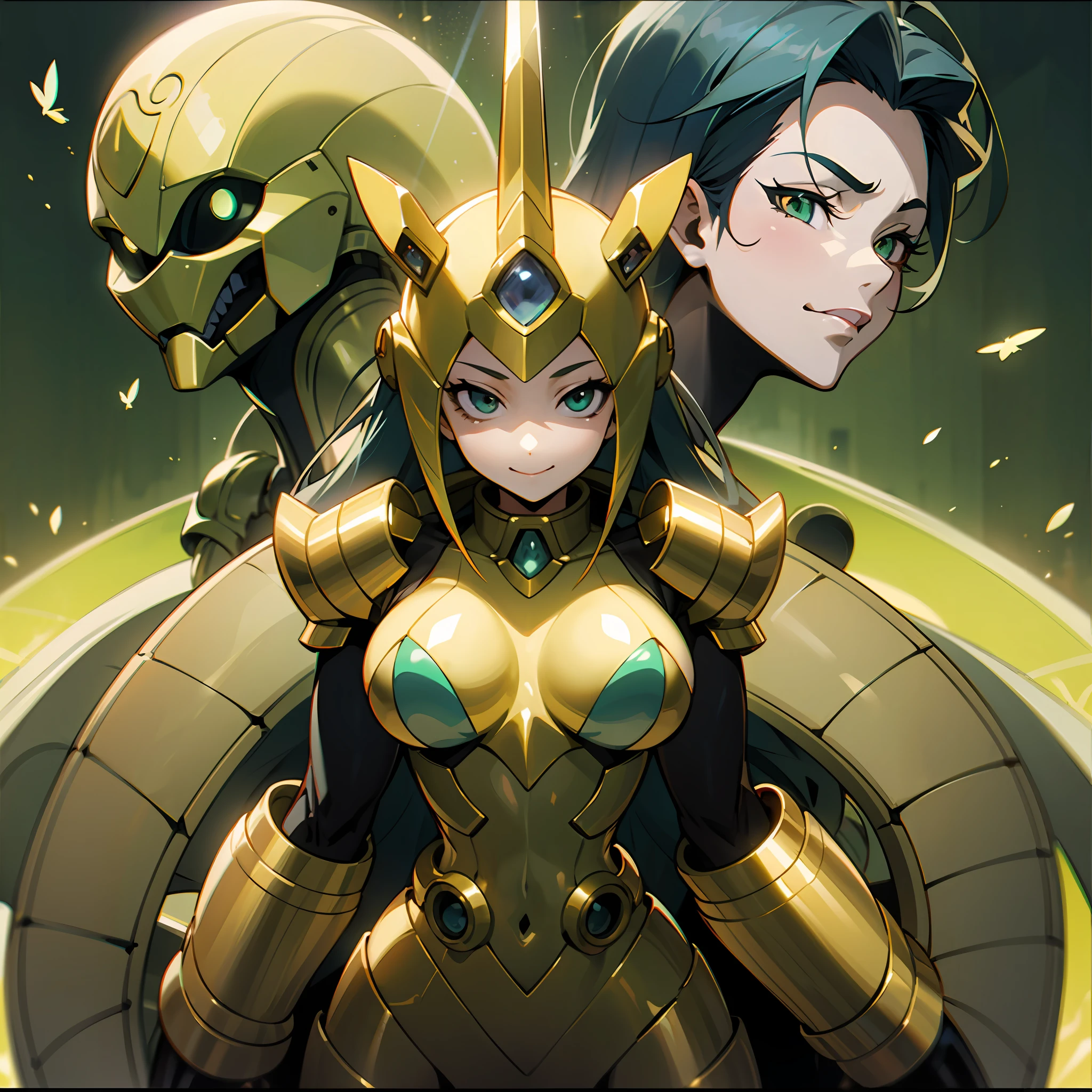 Cartoon pictures of women in green and yellow costumes, hot insect humanoid women, Guyver style, bad smile, scarabele ploids, bellows tail, cel shade adult animation, alien queen,