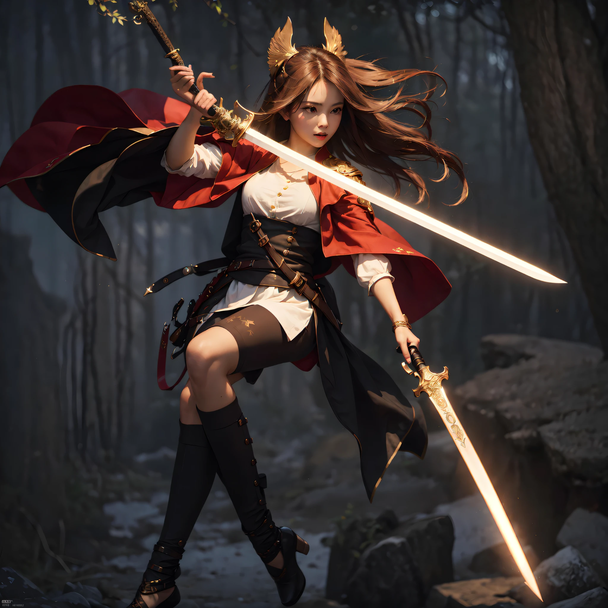arafed woman in a red cape holding a sword in a forest, fantasy character photo, keqing from genshin impact, zhongli from genshin impact, with large sword, she is holding a sword, by Yang J, chengwei pan on artstation, 2. 5 d cgi anime fantasy artwork, artgerm and atey ghailan