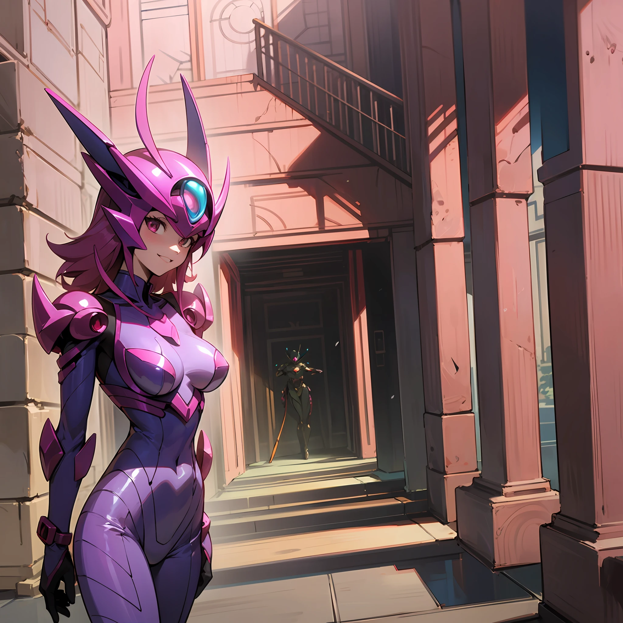 Cartoon photo of woman in purple and red-pink costume, hot insect humanoid woman, guyver style, evil smile, scarabele ploid, bellows tail, cel shade adult animation, alien queen,