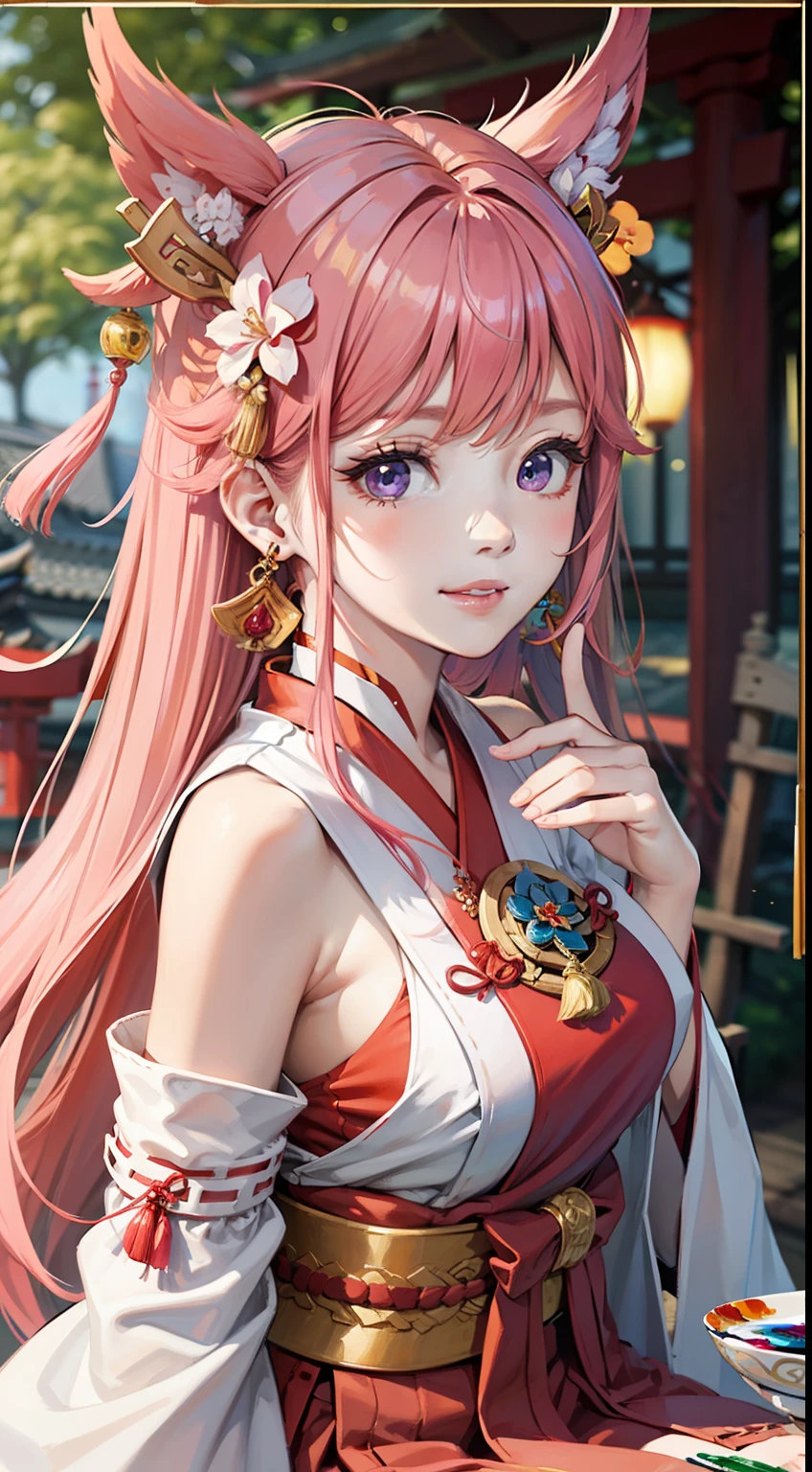 Playground, blue sky, white clouds, trees, 1girl, (ulzzang-6500:0.7), kpop idol, yae miko, detached sleeves, bare shoulders, pink hair, long hair, japanese clothes, best quality, (painting:1.5), (hair ornament:1.35), jewelry, purple eyes, earrings, breasts, torii, cherry blossoms, lantern light, depth of field, detailed face, face focus, ribbon_trim, (looking at viewer:1.25), nontraditional miko, shiny skin, long sleeves, smile, thick lips, game cg, east asian architecture, (blurry background:1.2), sitting, upper body,