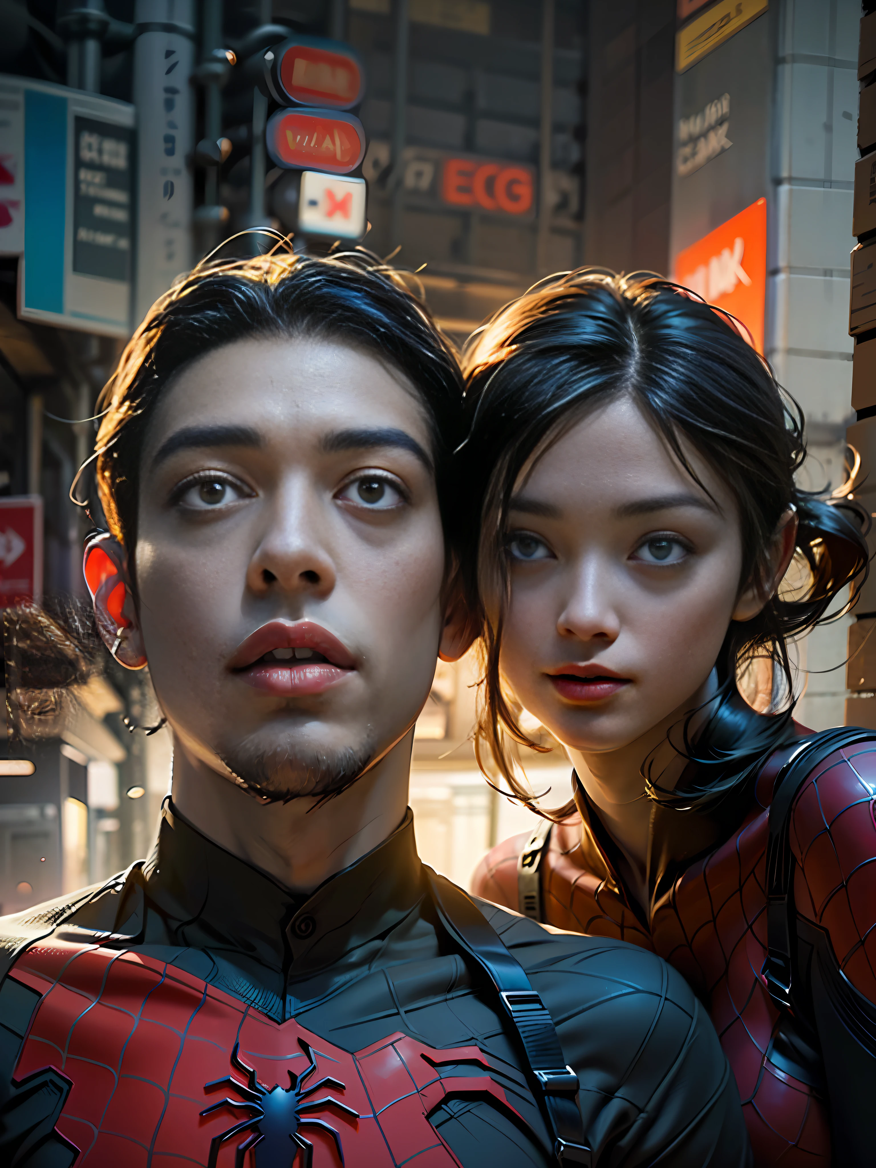 RAW，2people，1girl and 1boy， (A charming 18 year old Chinese girl and boy hugging together: 1.5), (with mask, Spider-Man mask: 2), handsome short haired boy, Spider-Man classic pose, shooting spider silk, masterpiece, super fine photo, best quality, super high resolution, photorealistic photorealism, sunny handsome, full body portrait, delicate face, vibrant eyes, (viewed from the side), she wears futuristic steel woman Spider-Man costume, very detailed background, detailed face, detailed complex busy background, highly detailed skin, realistic skin details, visible pores, sharp focus, volumetric fog, 8k UHD, DSLR, high quality, film grain, photo realism, wheat skin,