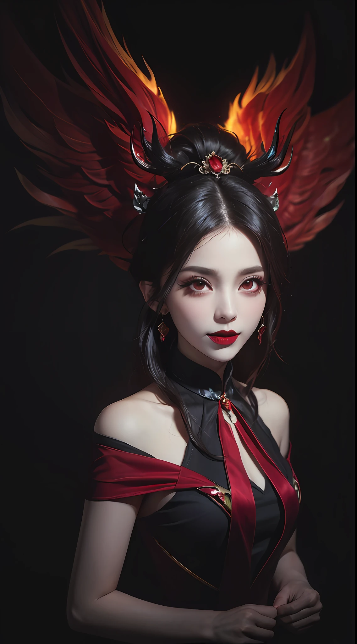 1 beautiful devil woman from hell, In the Dark: 1.6), surreal female portrait by David Hockney and Alphonse Mucha, fantasy art, korea doll, photorealism, dynamic lighting, artstation, poster, volumetric lighting, very detailed faces, 8k ultra, Awarded, in the dark, deep shadow, low key, cowboy lens, (Red phoenix dress: 1.4), long hair, black hair, bust, luxurious palace, Royal style, devil  crown, red eyes make up very sharp and detailed, The most beautiful face, The breasts are very big and round and round, Super realistic, chinese women's clothing, polo neck sweater, Charming smile, The eyes are very well made up, guweiz, devil style, wearing black mesh socks, Ponytail with a bow tied at the back of the hair, Red black lips, Devil tattoo on shoulder, wearing a thin red and black robe, the landscape is overcast and thunderous, (Portrait), Close-up of the main character, (Background details 1.8),
